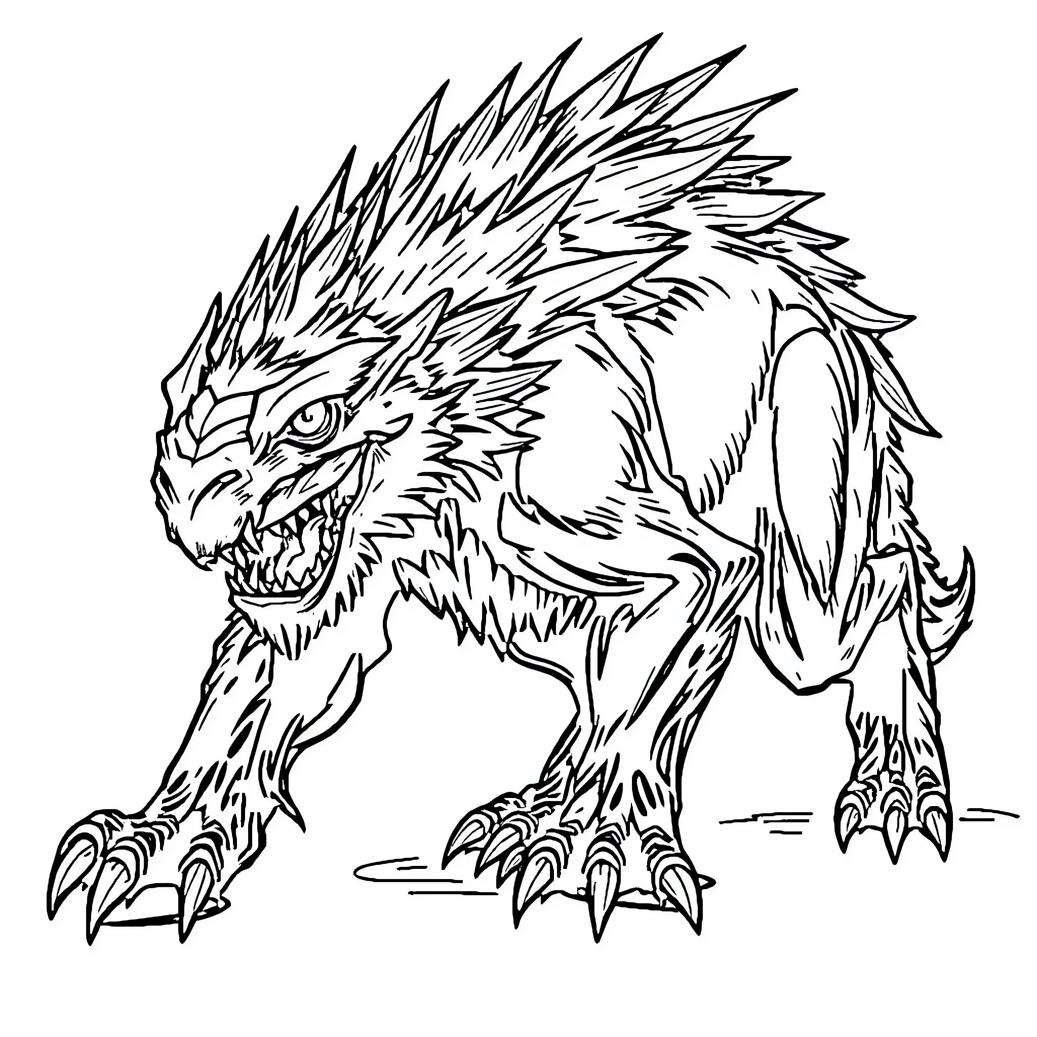 Monster Creature with Fierce Claws and Teeth Coloring Page (free black-and-white line drawing printable PDF for all, from beginners to advanced learners, including children, teens, adults, and seniors)