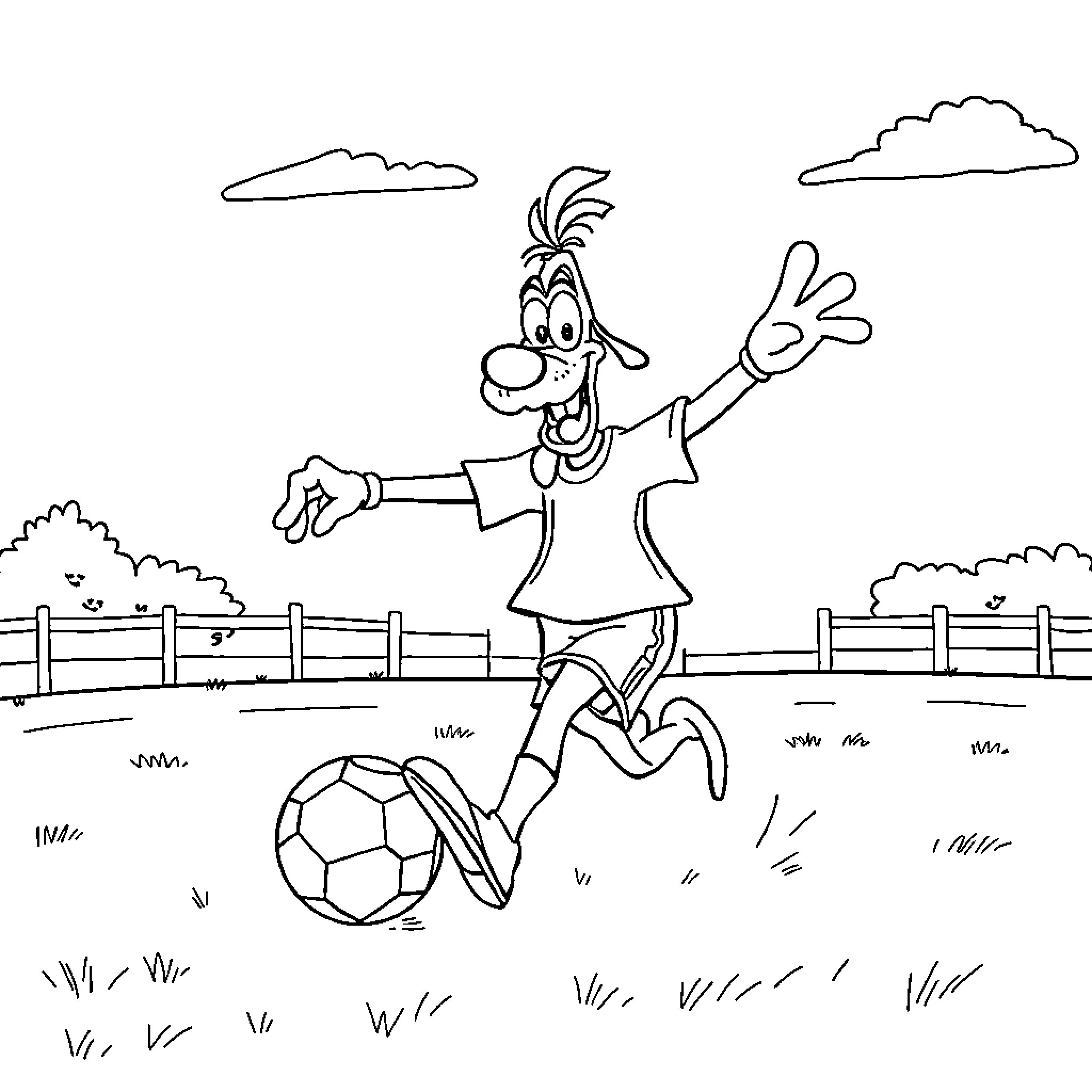 Goofy Character Kicking a Soccer Ball Outdoors Coloring Page (free black-and-white line drawing printable PDF for all, from beginners to advanced learners, including children, teens, adults, and seniors)