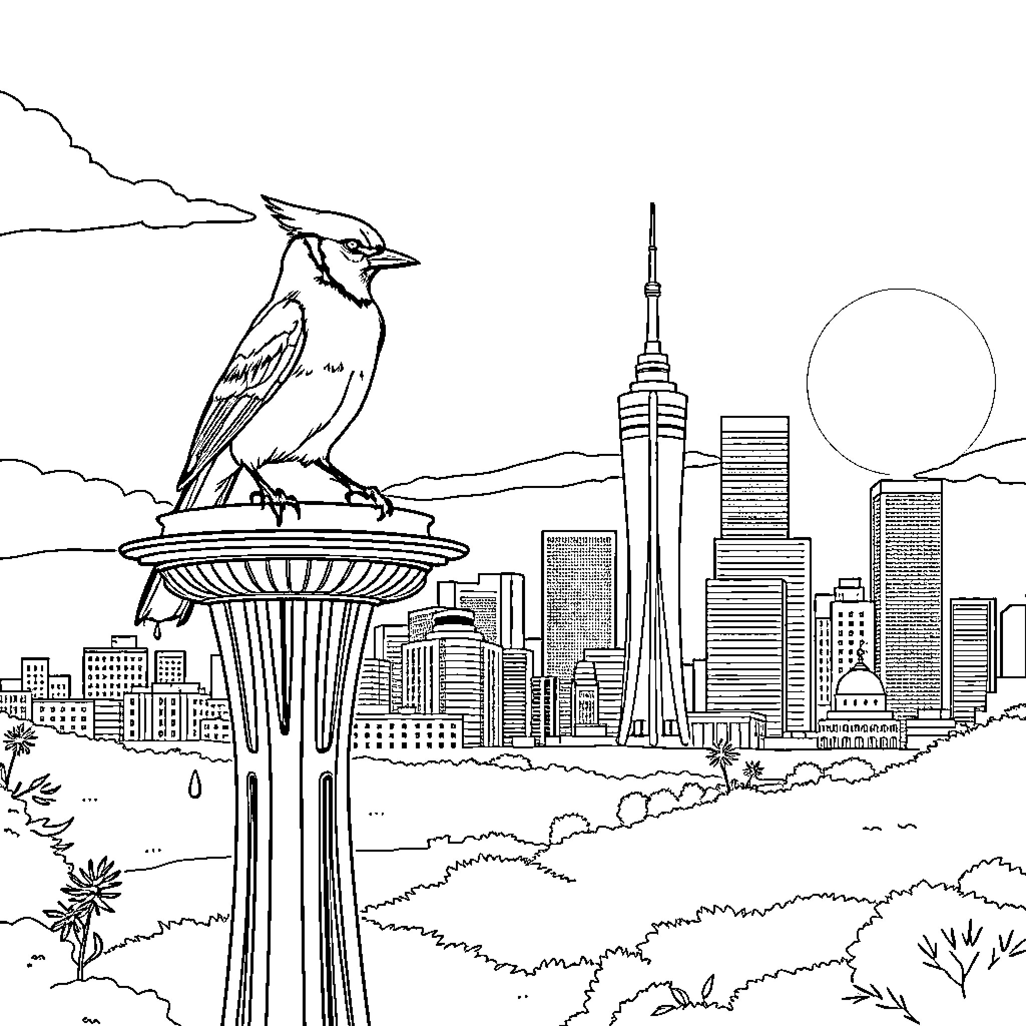 Blue Jay Perched on Fountain in Urban Cityscape Coloring Page (free black-and-white line drawing printable PDF for all, from beginners to advanced learners, including children, teens, adults, and seniors)