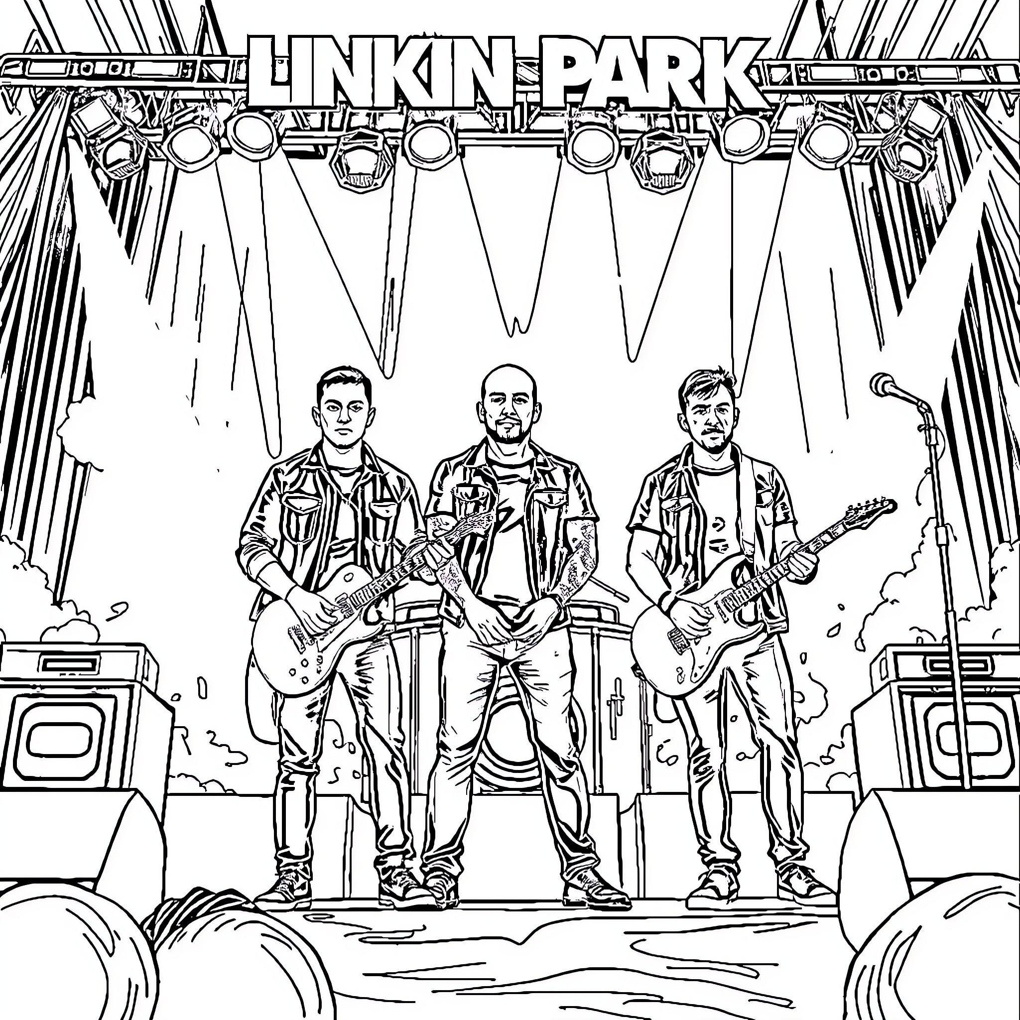 Linkin Park musicians performing on stage Coloring Page (free black-and-white line drawing printable PDF for all, from beginners to advanced learners, including children, teens, adults, and seniors)
