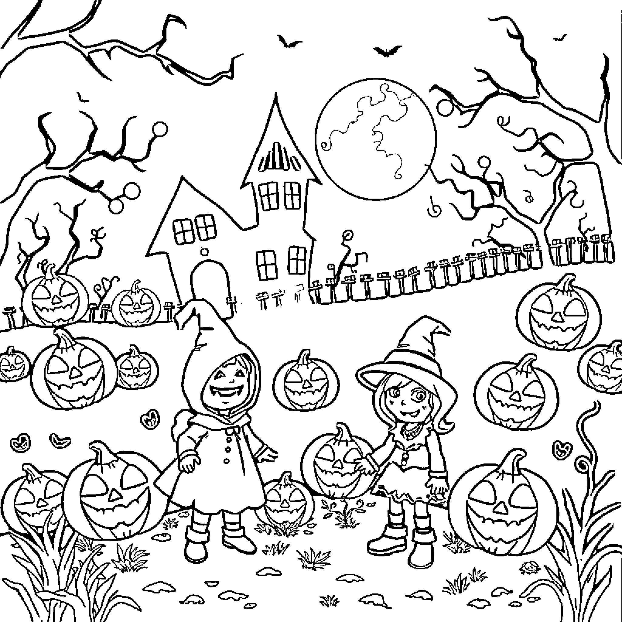 Halloween Fun with Pumpkins and Costumes Coloring Page (free black-and-white line drawing printable PDF for all, from beginners to advanced learners, including children, teens, adults, and seniors)