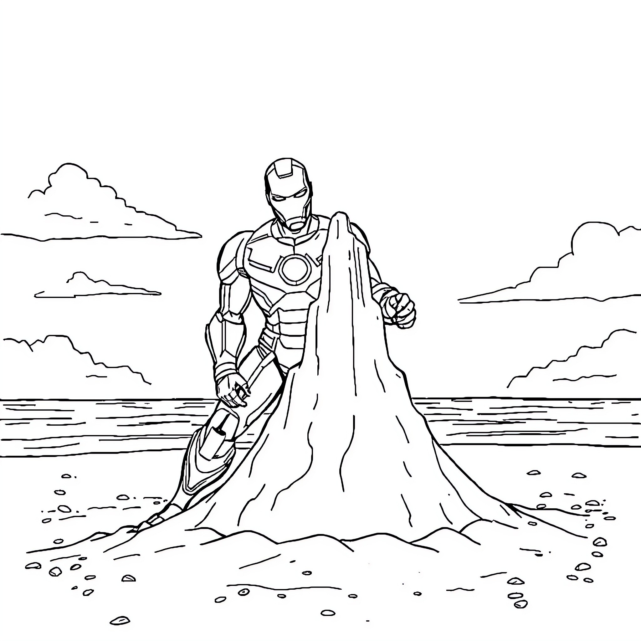 Iron Man standing confidently on a rocky beach Coloring Page (free black-and-white line drawing printable PDF for all, from beginners to advanced learners, including children, teens, adults, and seniors)