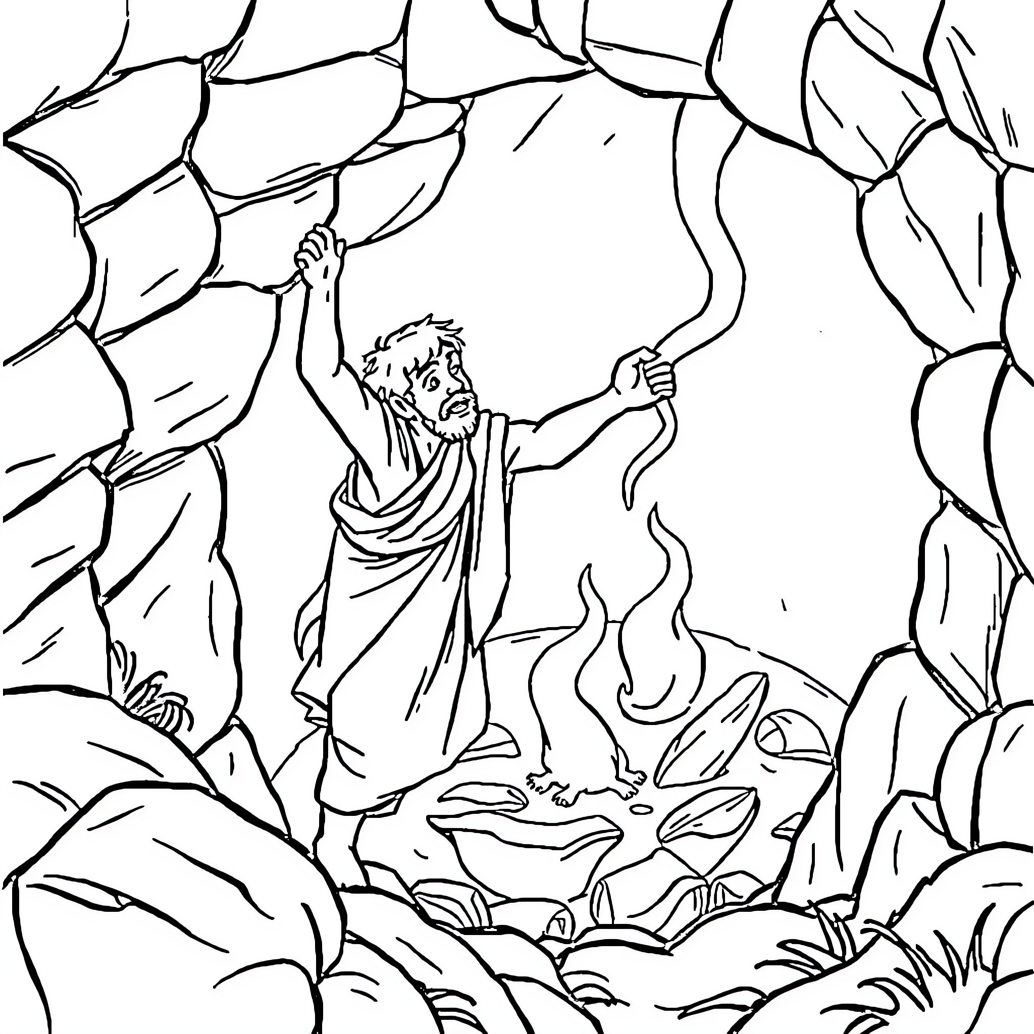 Joseph escaping from the rocky cave Coloring Page (free black-and-white line drawing printable PDF for all, from beginners to advanced learners, including children, teens, adults, and seniors)