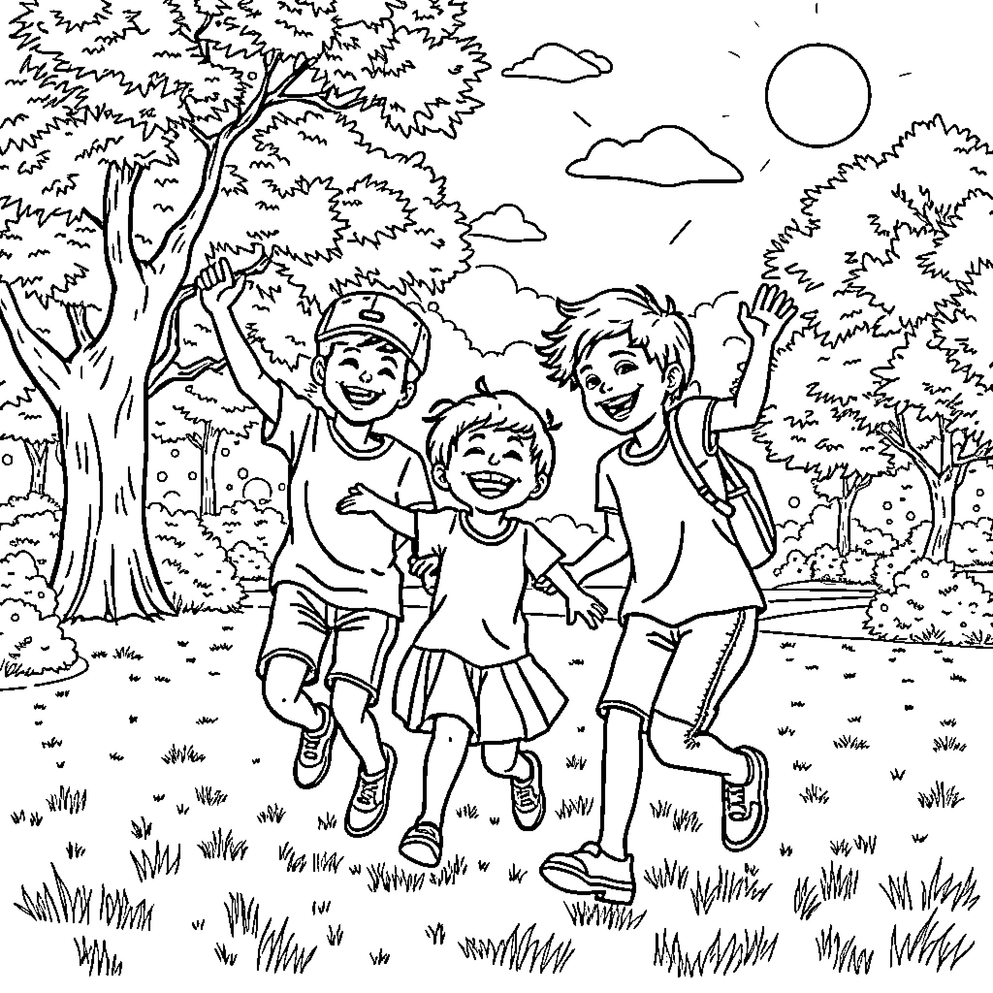 Teens laughing and playing in the park Coloring Page (free black-and-white line drawing printable PDF for all, from beginners to advanced learners, including children, teens, adults, and seniors)