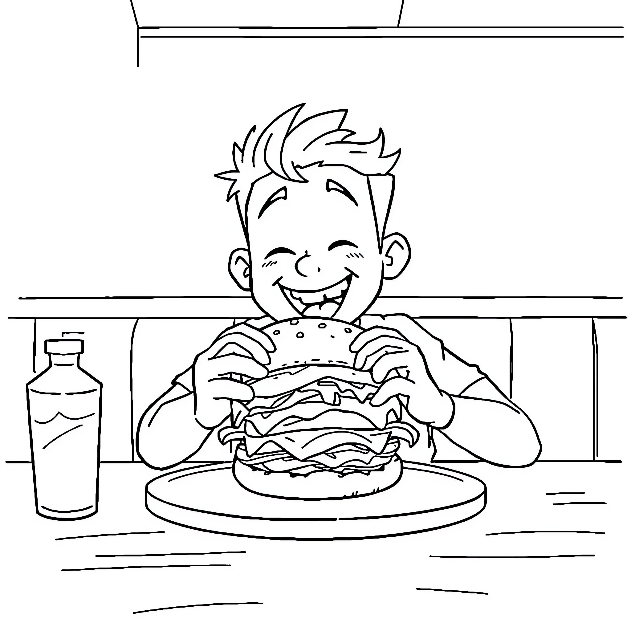 Kai Cenat enjoying a delicious burger at the diner Coloring Page (free black-and-white line drawing printable PDF for all, from beginners to advanced learners, including children, teens, adults, and seniors)