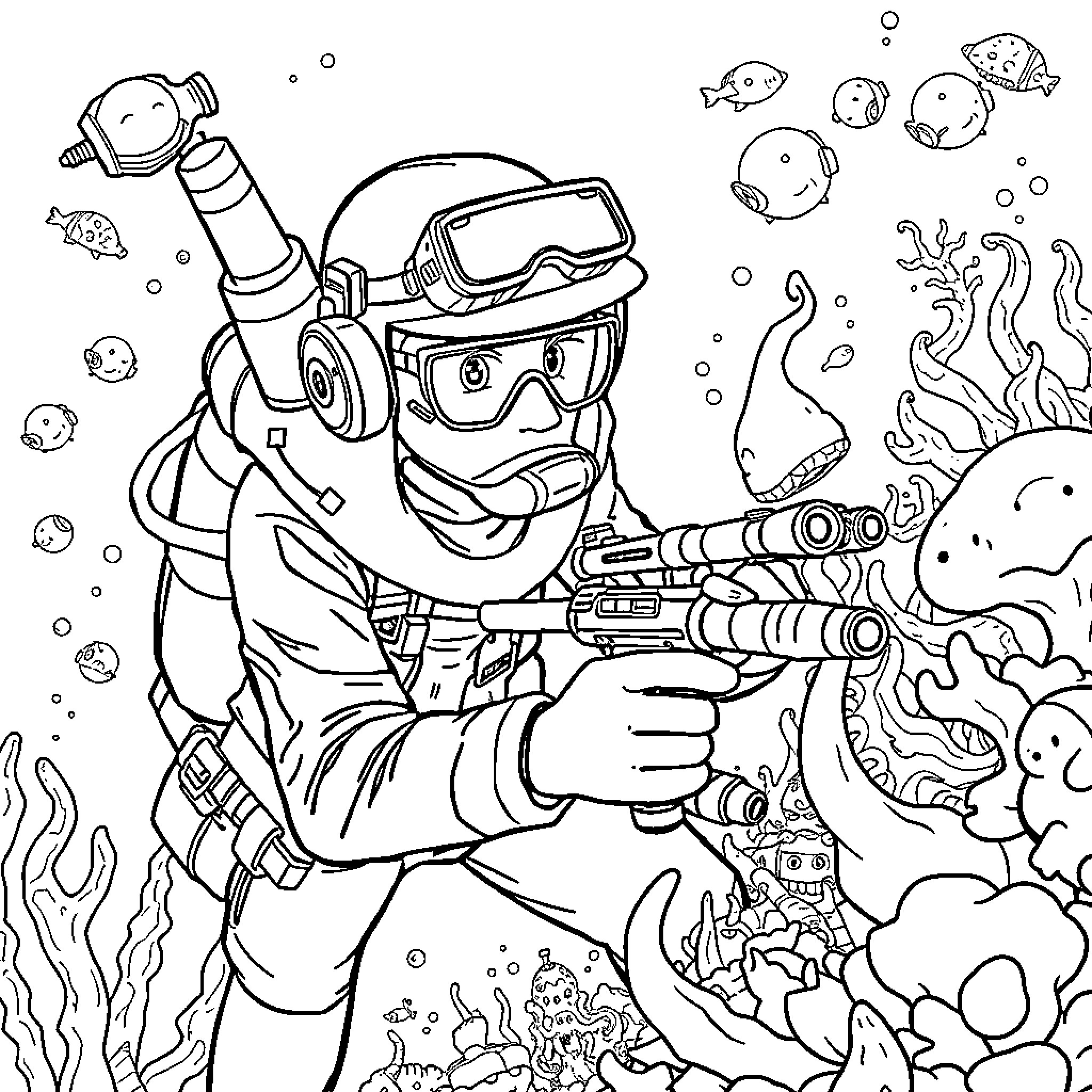 Spy exploring the underwater world with gadgets and marine life Coloring Page (free black-and-white line drawing printable PDF for all, from beginners to advanced learners, including children, teens, adults, and seniors)