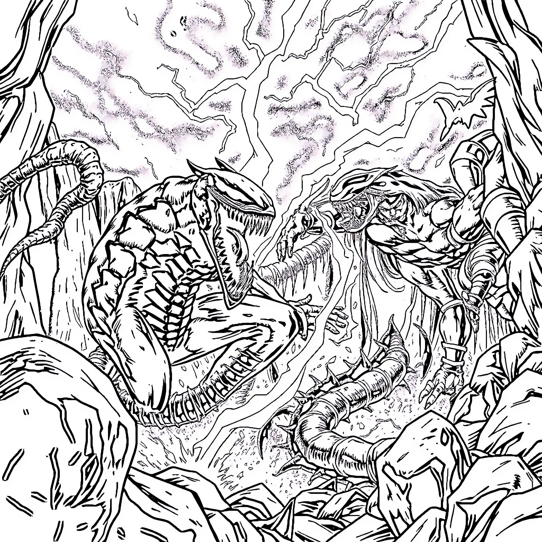 Venom Unleashed: Monstrous Clash in Primeval Landscape Coloring Page (free black-and-white line drawing printable PDF for all, from beginners to advanced learners, including children, teens, adults, and seniors)
