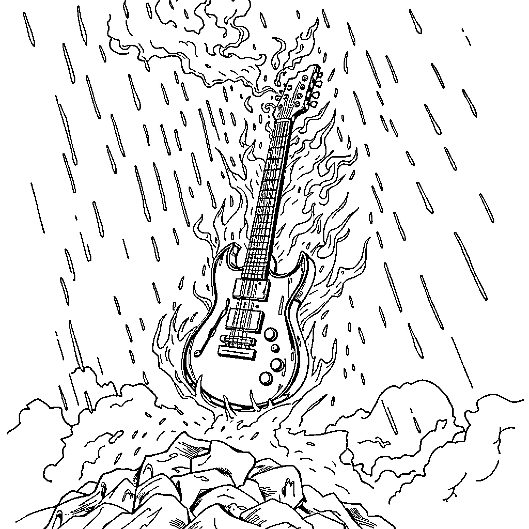 Guitar erupting in flames amidst stormy weather Coloring Page (free black-and-white line drawing printable PDF for all, from beginners to advanced learners, including children, teens, adults, and seniors)