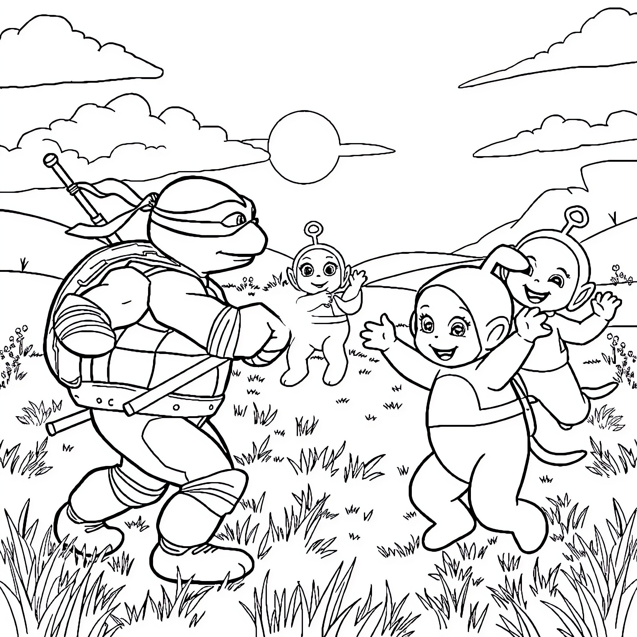 Ninja Turtles enjoying a fun outdoor adventure Coloring Page (free black-and-white line drawing printable PDF for all, from beginners to advanced learners, including children, teens, adults, and seniors)