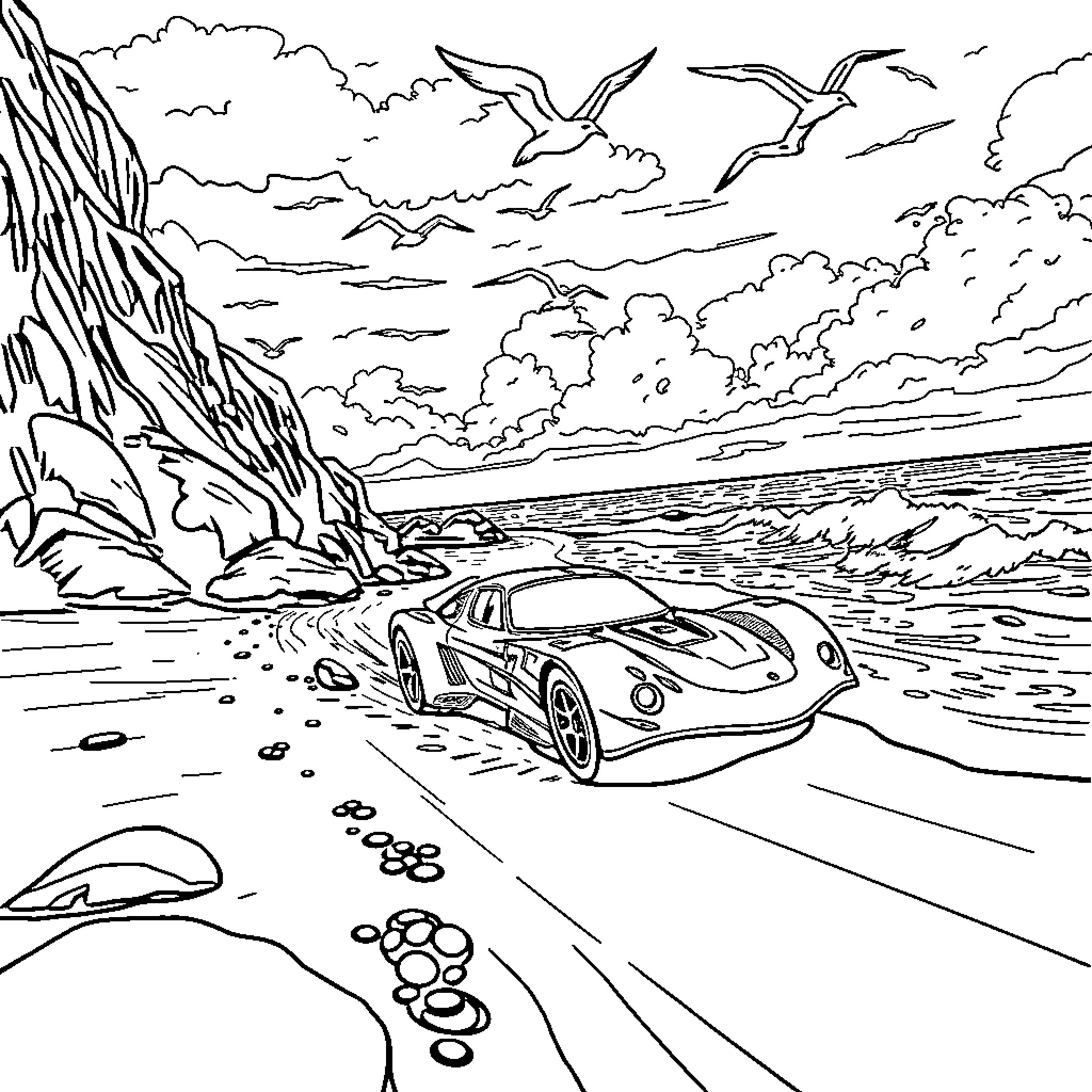 Hot Wheels car racing along scenic coastline Coloring Page (free black-and-white line drawing printable PDF for all, from beginners to advanced learners, including children, teens, adults, and seniors)