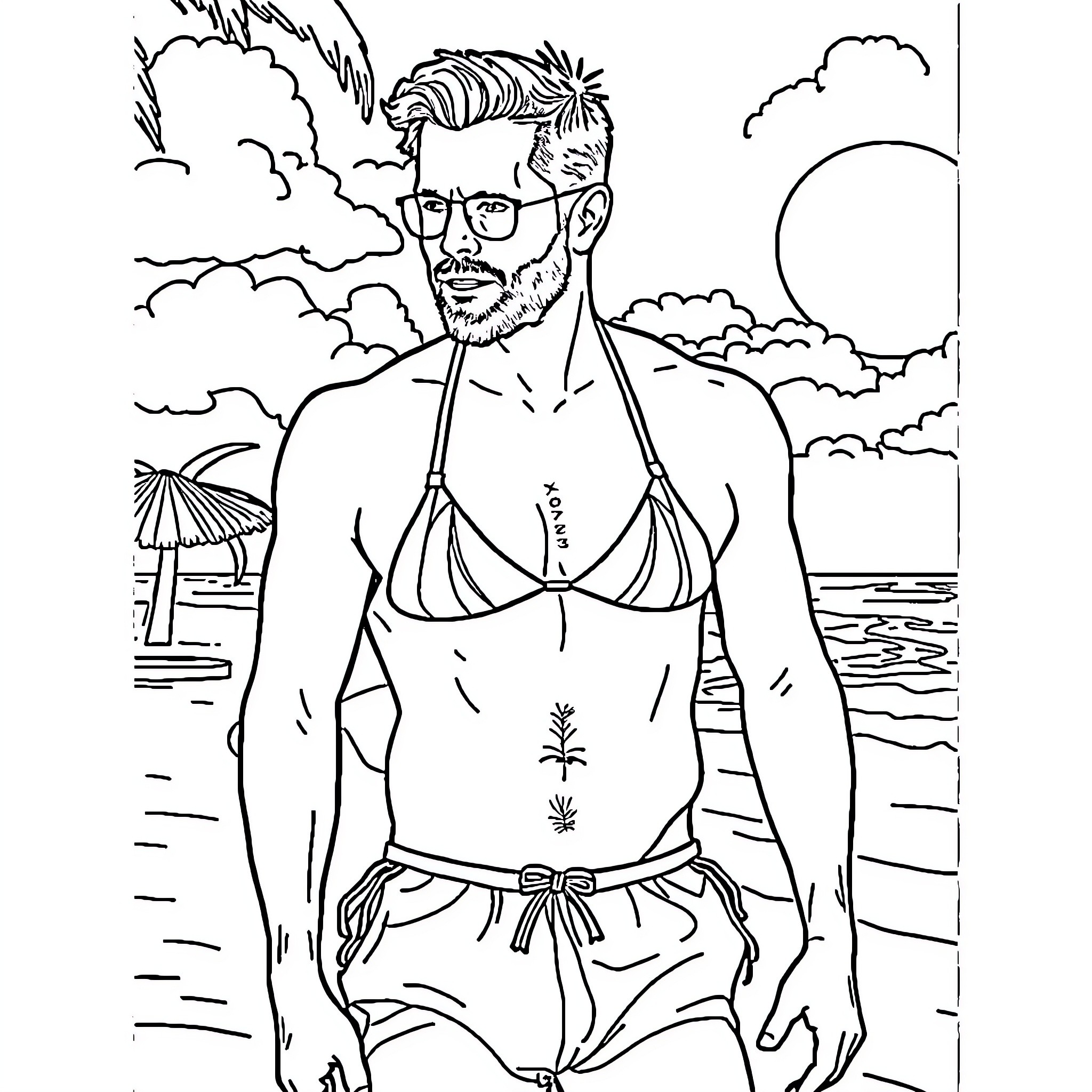 Ewan McGregor in tropical beach scene Coloring Page (free black-and-white line drawing printable PDF for all, from beginners to advanced learners, including children, teens, adults, and seniors)