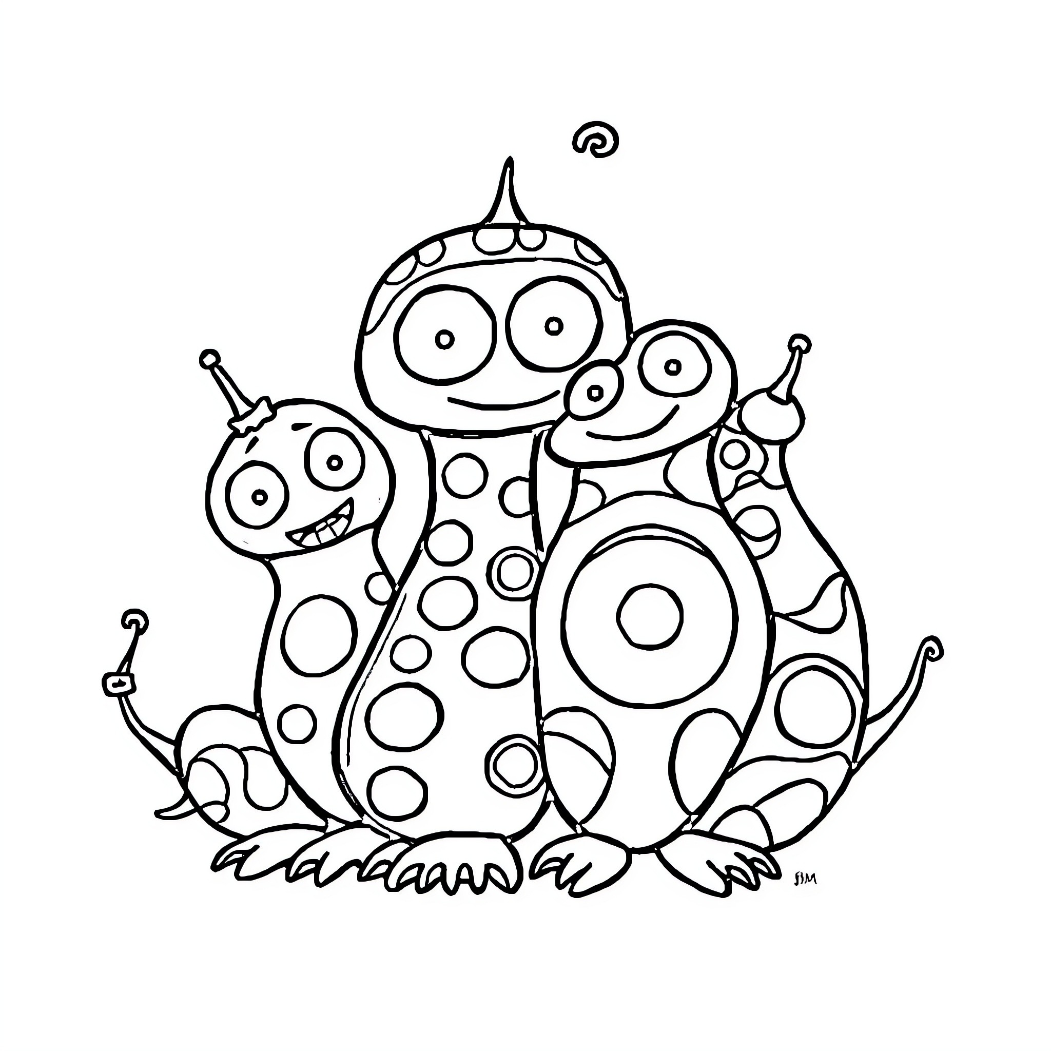 Oddbud Creatures in Playful Harmony Coloring Page (free black-and-white line drawing printable PDF for all, from beginners to advanced learners, including children, teens, adults, and seniors)
