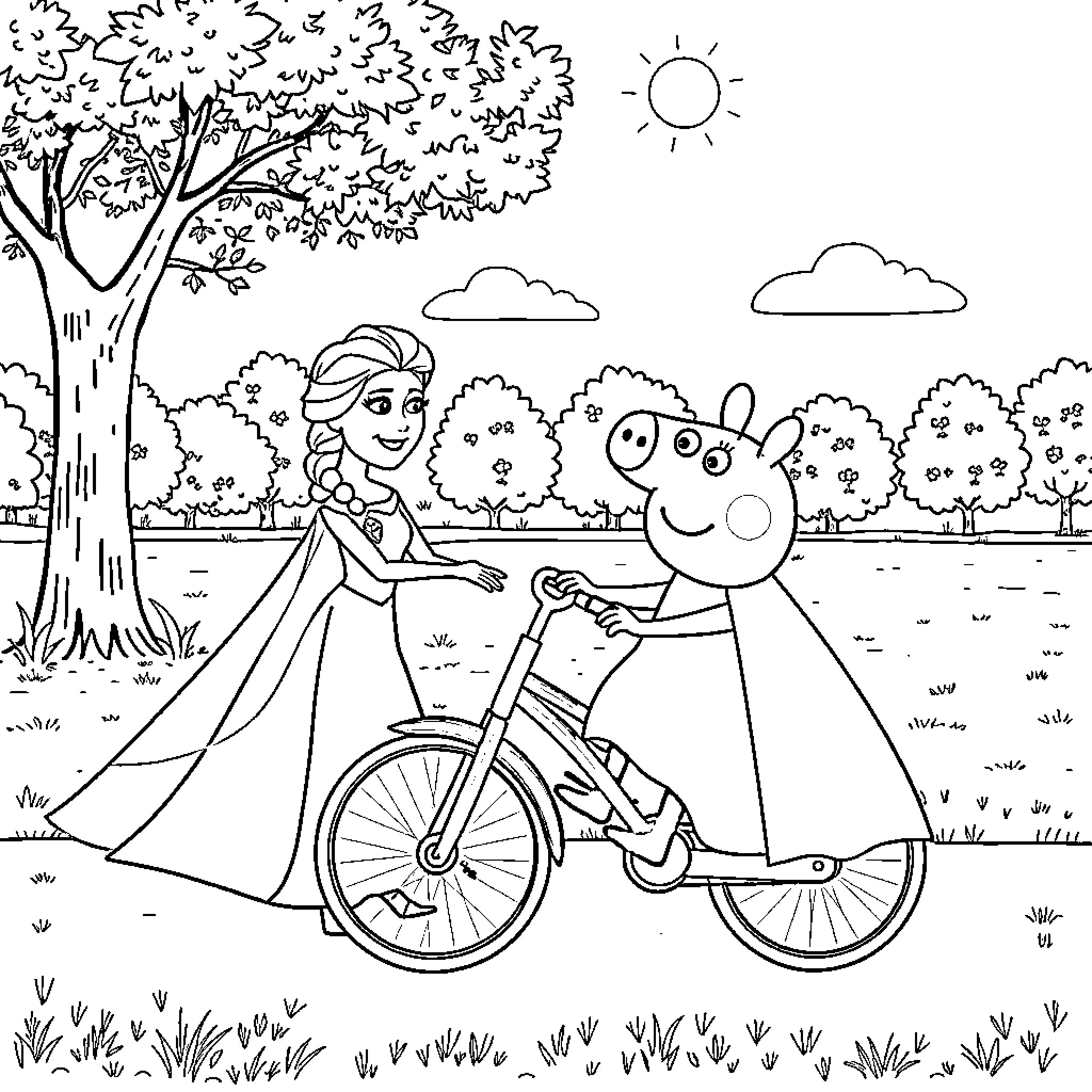 Elsa's Joyful Bicycle Ride in the Park Coloring Page (free black-and-white line drawing printable PDF for all, from beginners to advanced learners, including children, teens, adults, and seniors)