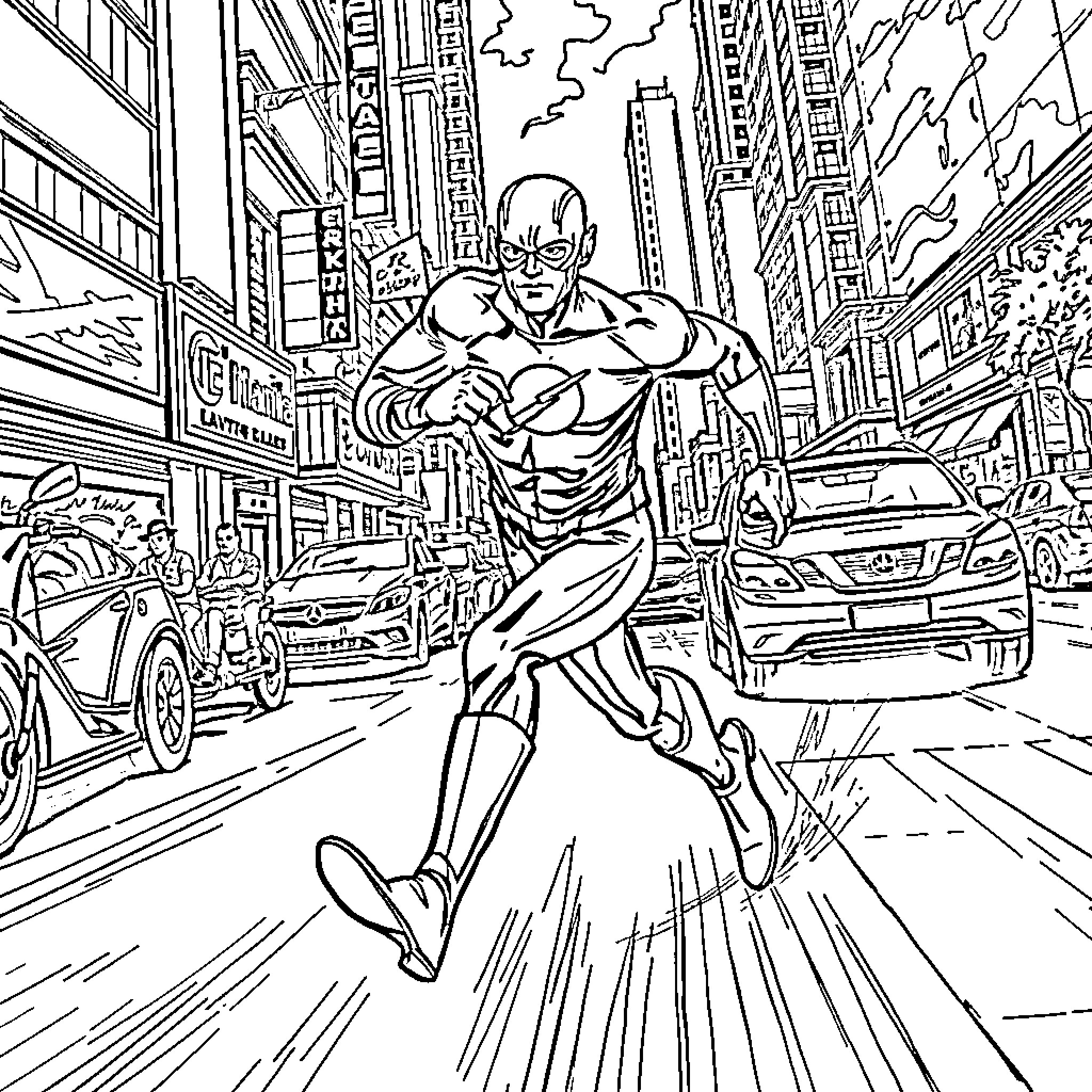 Flash Race Through City Streets Coloring Page (free black-and-white line drawing printable PDF for all, from beginners to advanced learners, including children, teens, adults, and seniors)
