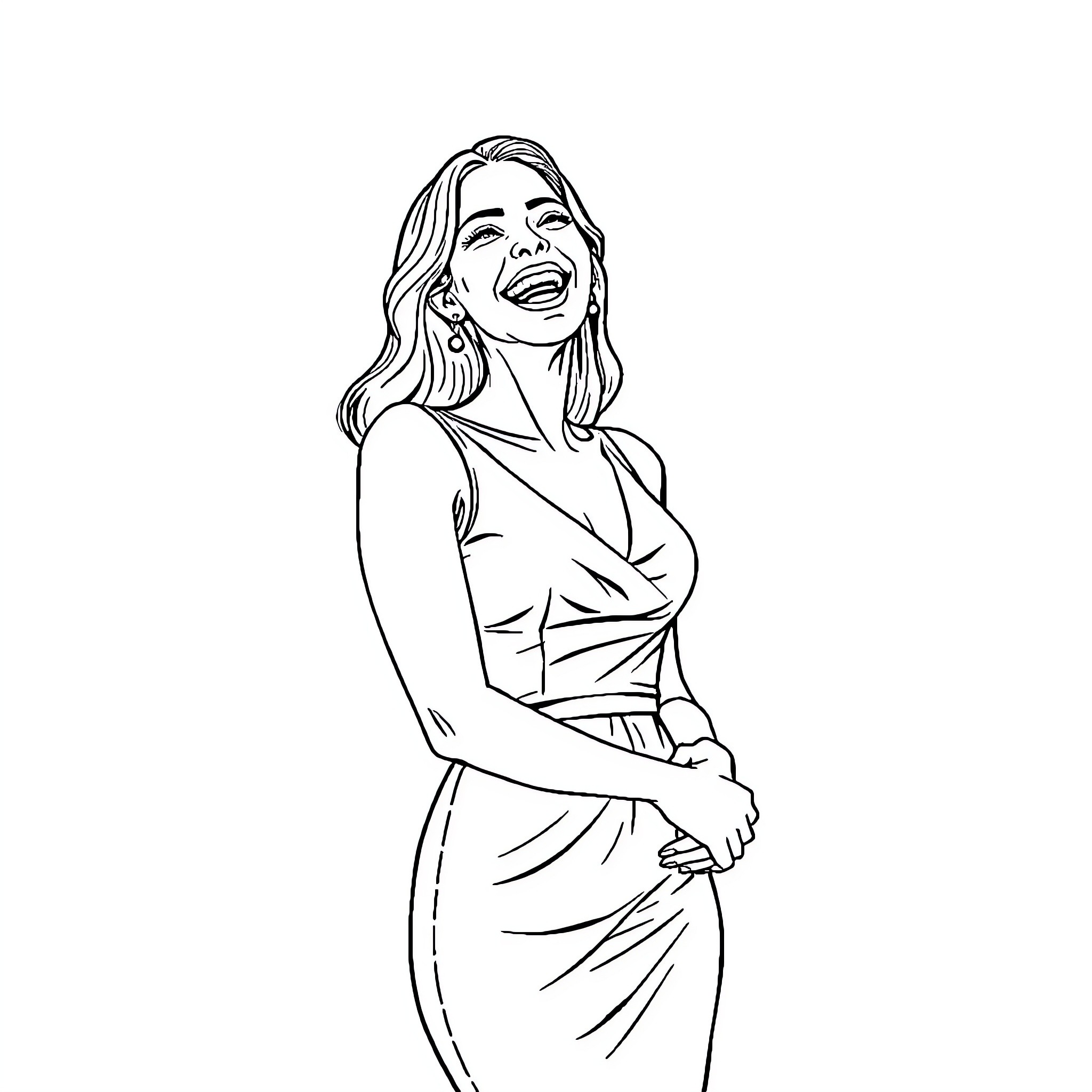 Woman smiling confidently in stylish dress Coloring Page (free black-and-white line drawing printable PDF for all, from beginners to advanced learners, including children, teens, adults, and seniors)