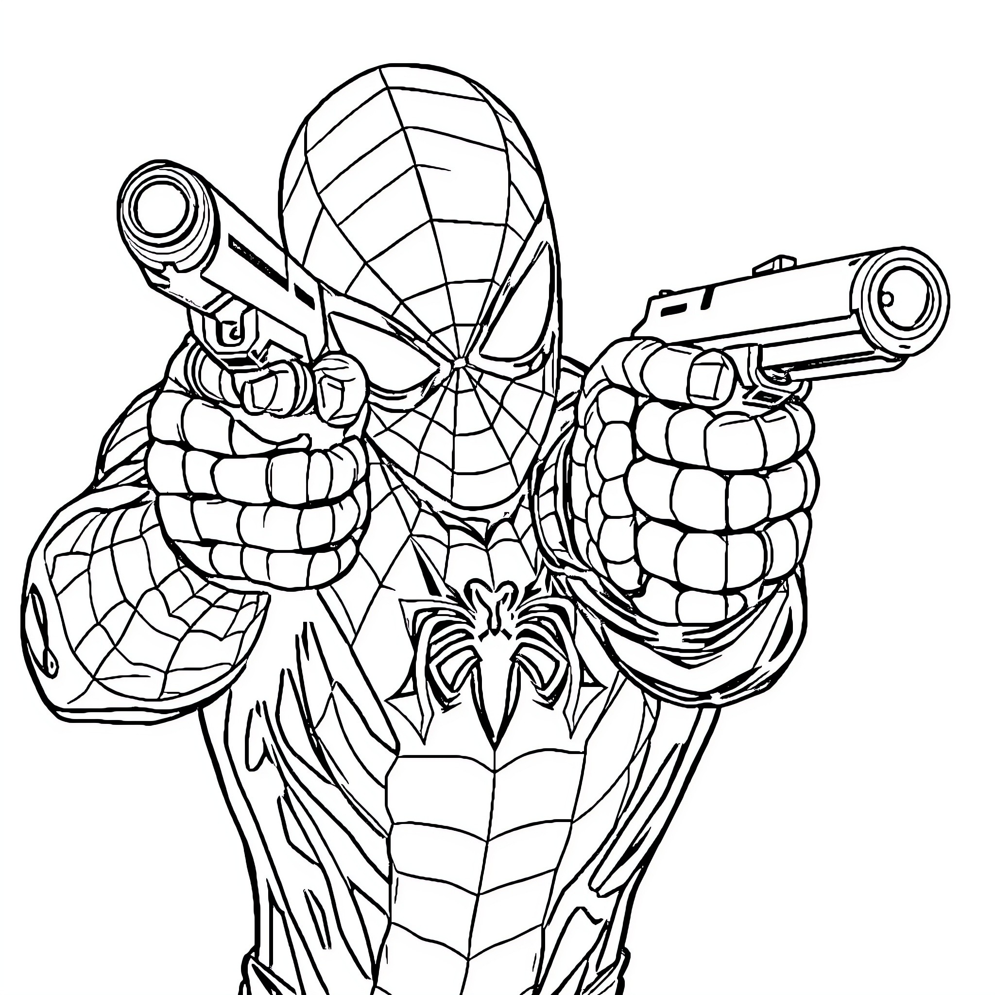 Spiderman wielding dual weapons in action Coloring Page (free black-and-white line drawing printable PDF for all, from beginners to advanced learners, including children, teens, adults, and seniors)