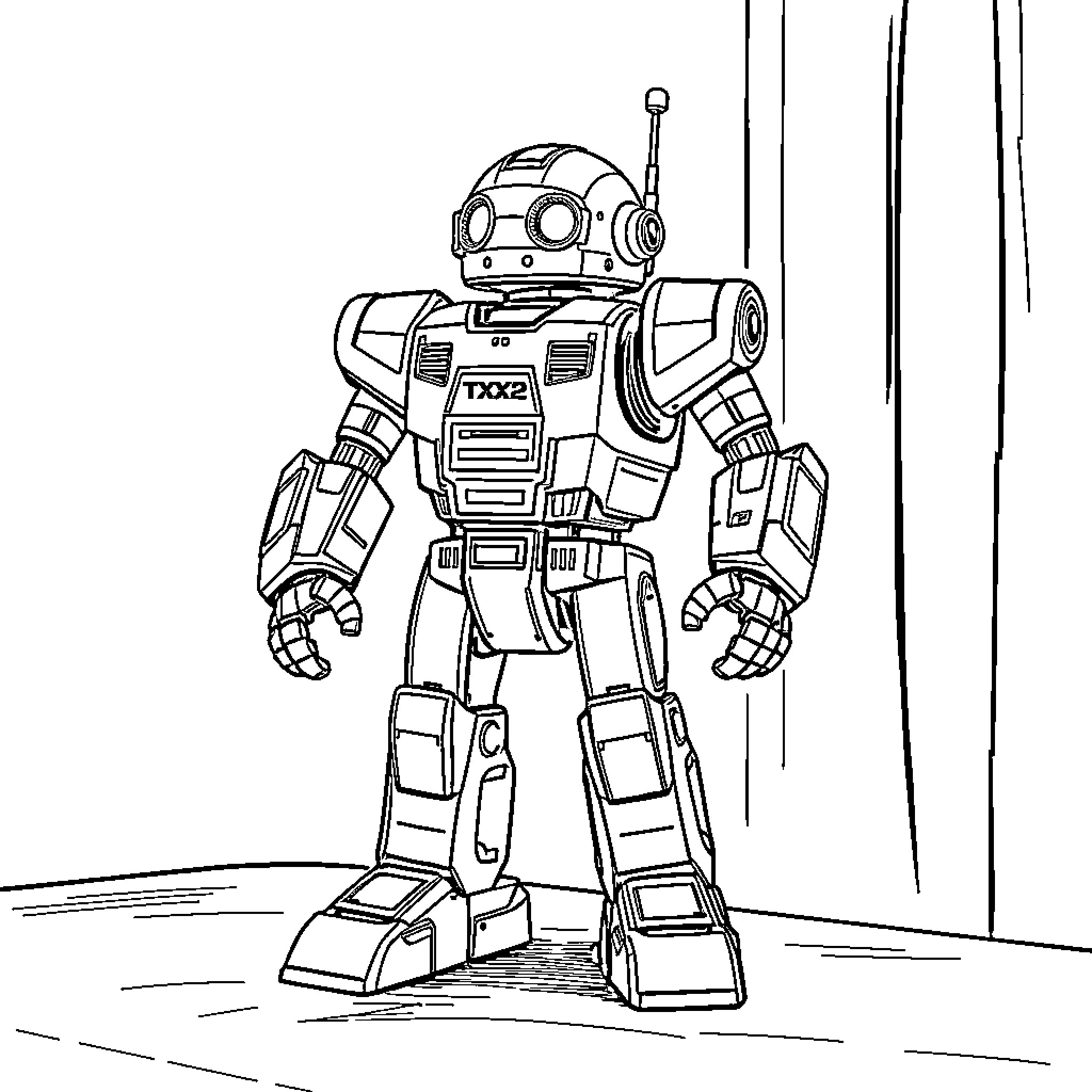 TX2 Robot in Futuristic Environment Coloring Page (free black-and-white line drawing printable PDF for all, from beginners to advanced learners, including children, teens, adults, and seniors)