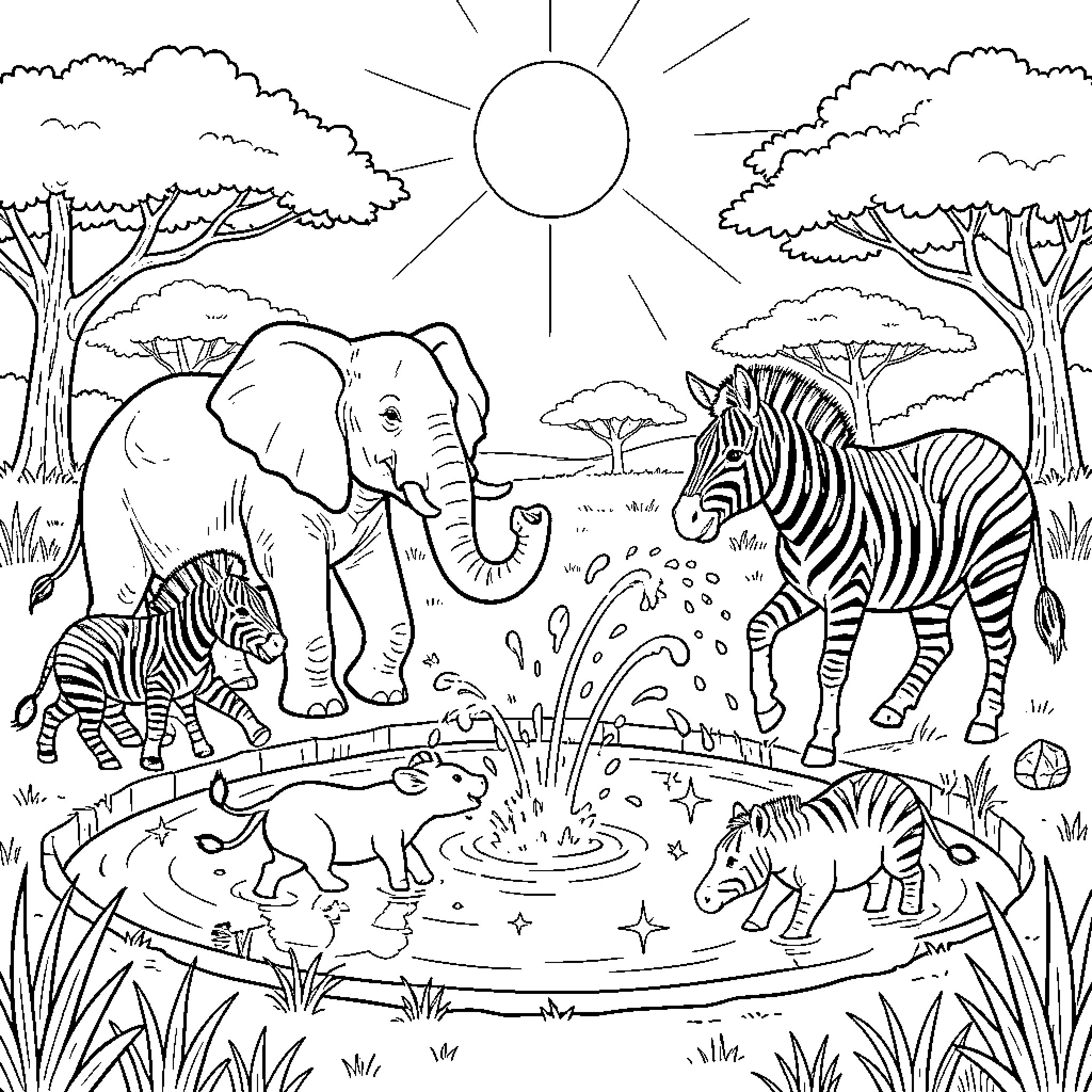 Animal friends enjoying the African savanna Coloring Page (free black-and-white line drawing printable PDF for all, from beginners to advanced learners, including children, teens, adults, and seniors)