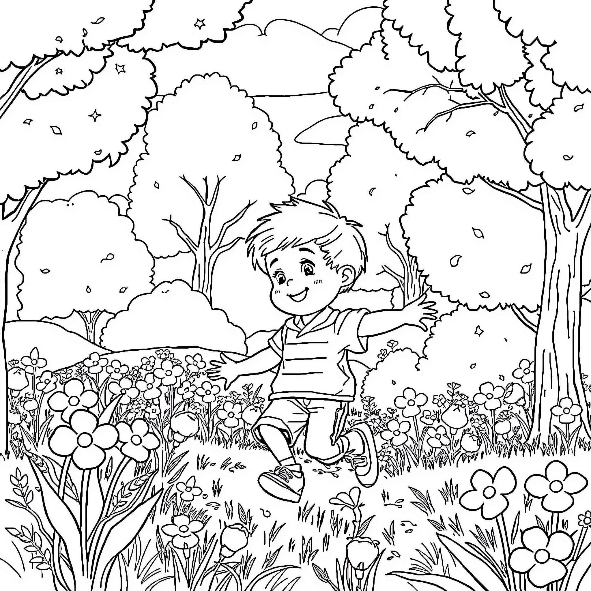 Niño exploring the enchanted forest Coloring Page (free black-and-white line drawing printable PDF for all, from beginners to advanced learners, including children, teens, adults, and seniors)