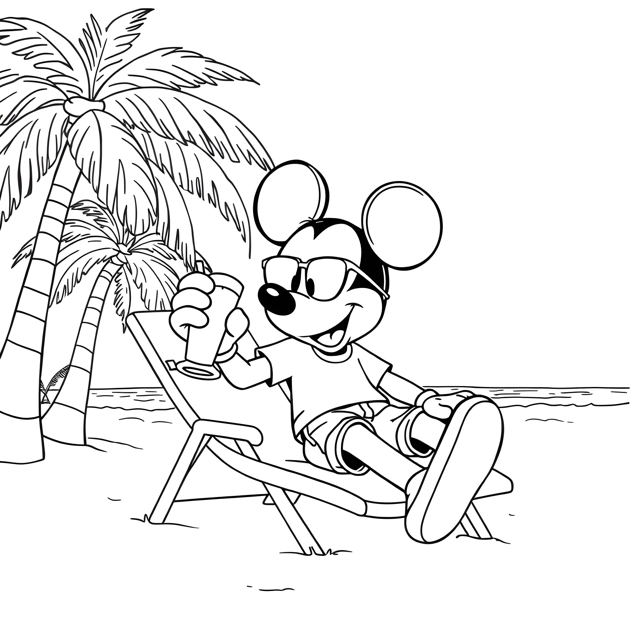 Mickey Mouse relaxing on the beach Coloring Page (free black-and-white line drawing printable PDF for all, from beginners to advanced learners, including children, teens, adults, and seniors)
