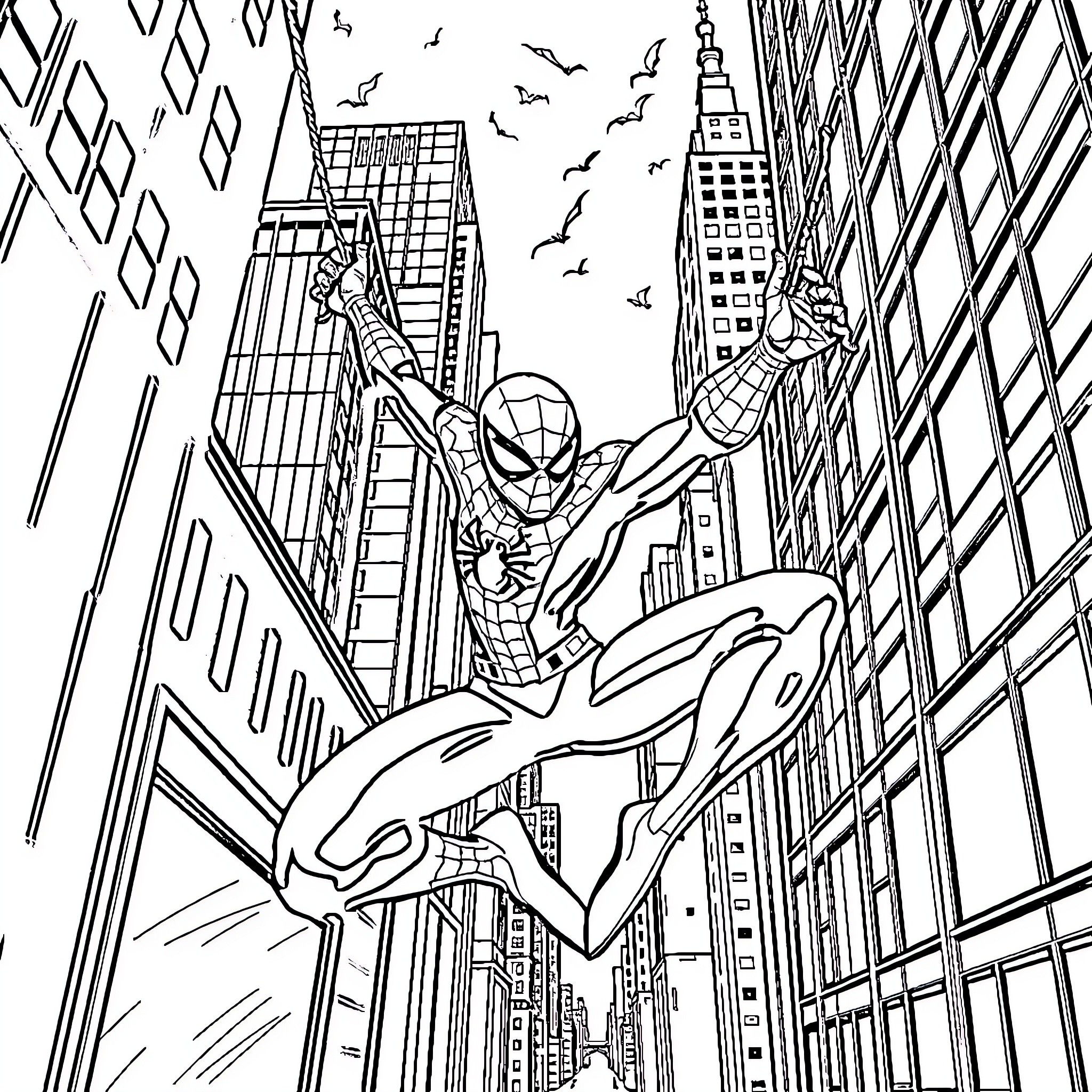 Spiderman swinging through the city skyline Coloring Page (free black-and-white line drawing printable PDF for all, from beginners to advanced learners, including children, teens, adults, and seniors)