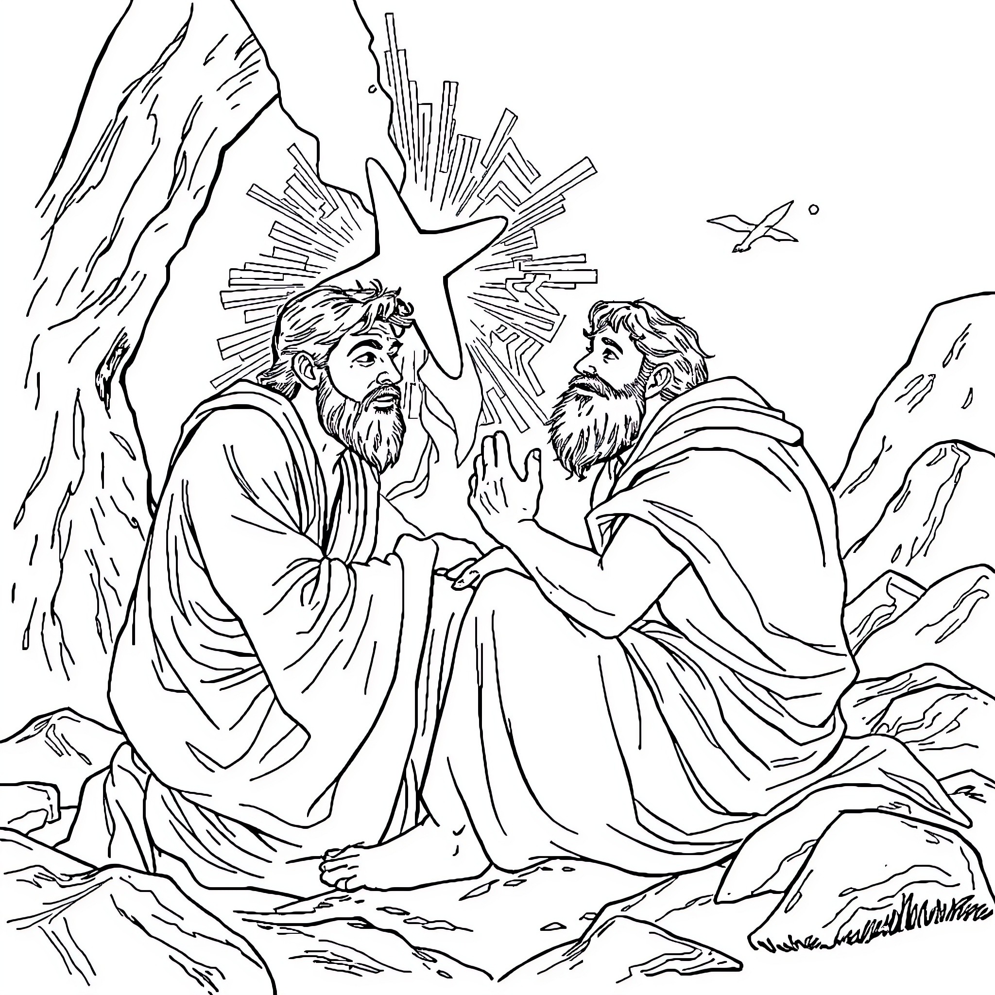 Jacob's Encounter with the Angel Coloring Page (free black-and-white line drawing printable PDF for all, from beginners to advanced learners, including children, teens, adults, and seniors)