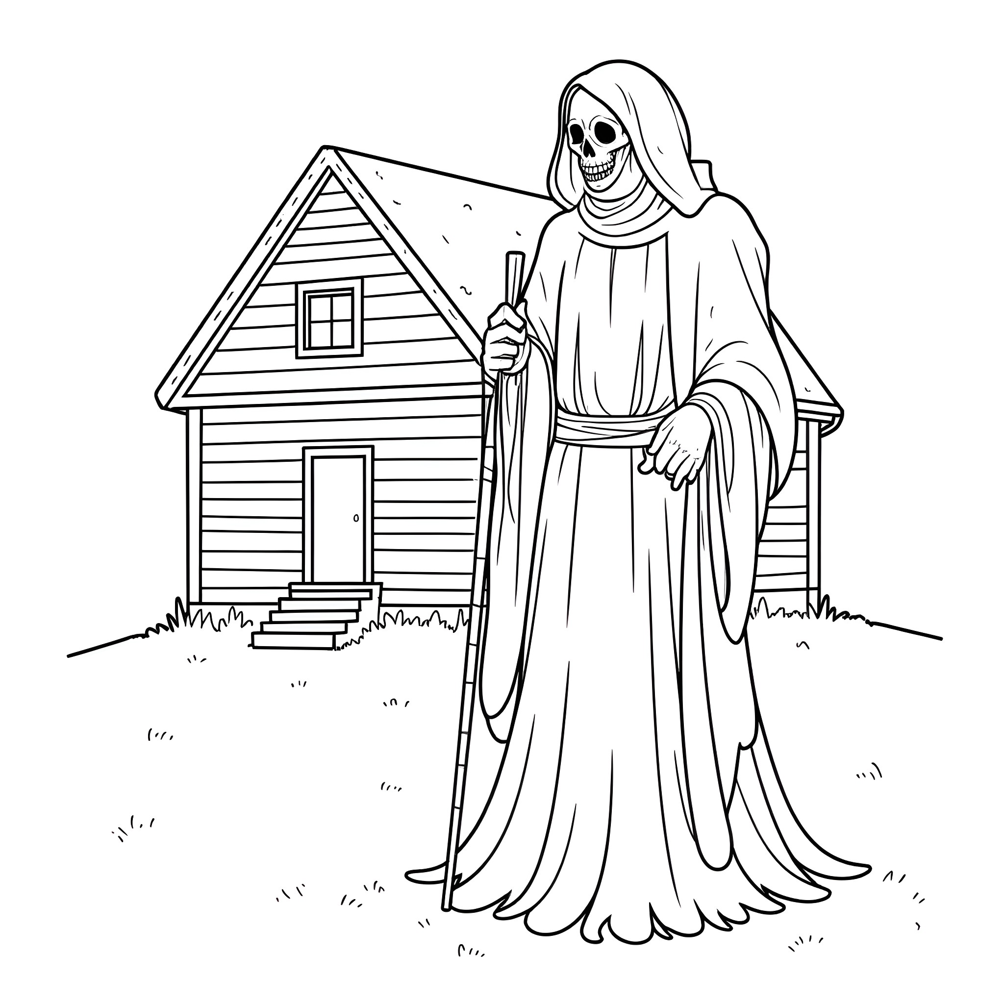 Grim Reaper looms over a spooky abandoned house Coloring Page (free black-and-white line drawing printable PDF for all, from beginners to advanced learners, including children, teens, adults, and seniors)