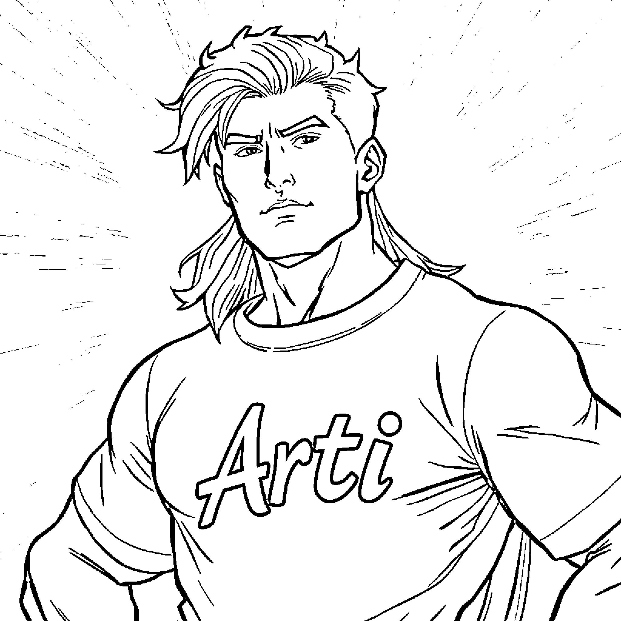 Superhero with a serious expression in an Arti t-shirt Coloring Page (free black-and-white line drawing printable PDF for all, from beginners to advanced learners, including children, teens, adults, and seniors)