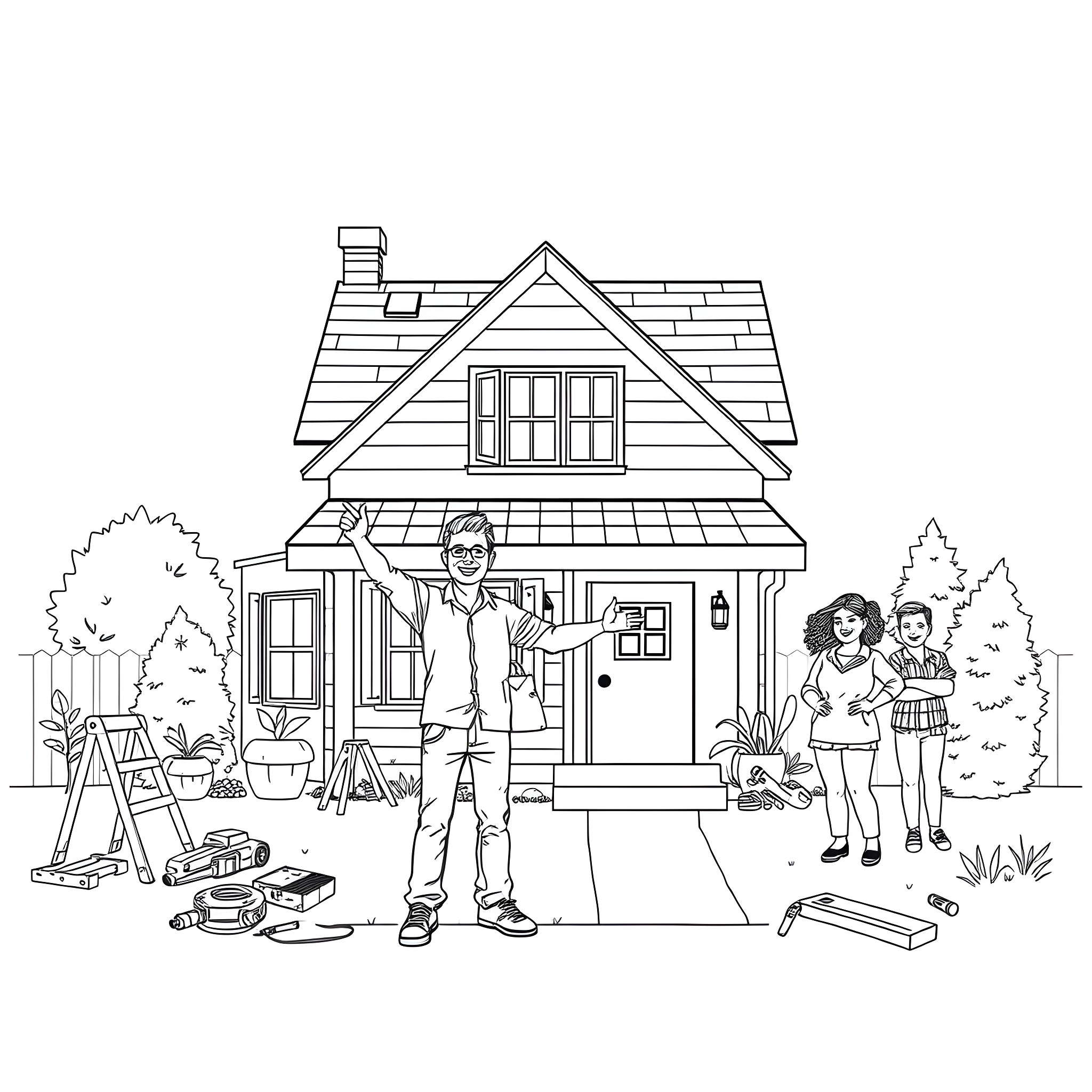 Homeowner working on home improvement projects with family Coloring Page (free black-and-white line drawing printable PDF for all, from beginners to advanced learners, including children, teens, adults, and seniors)
