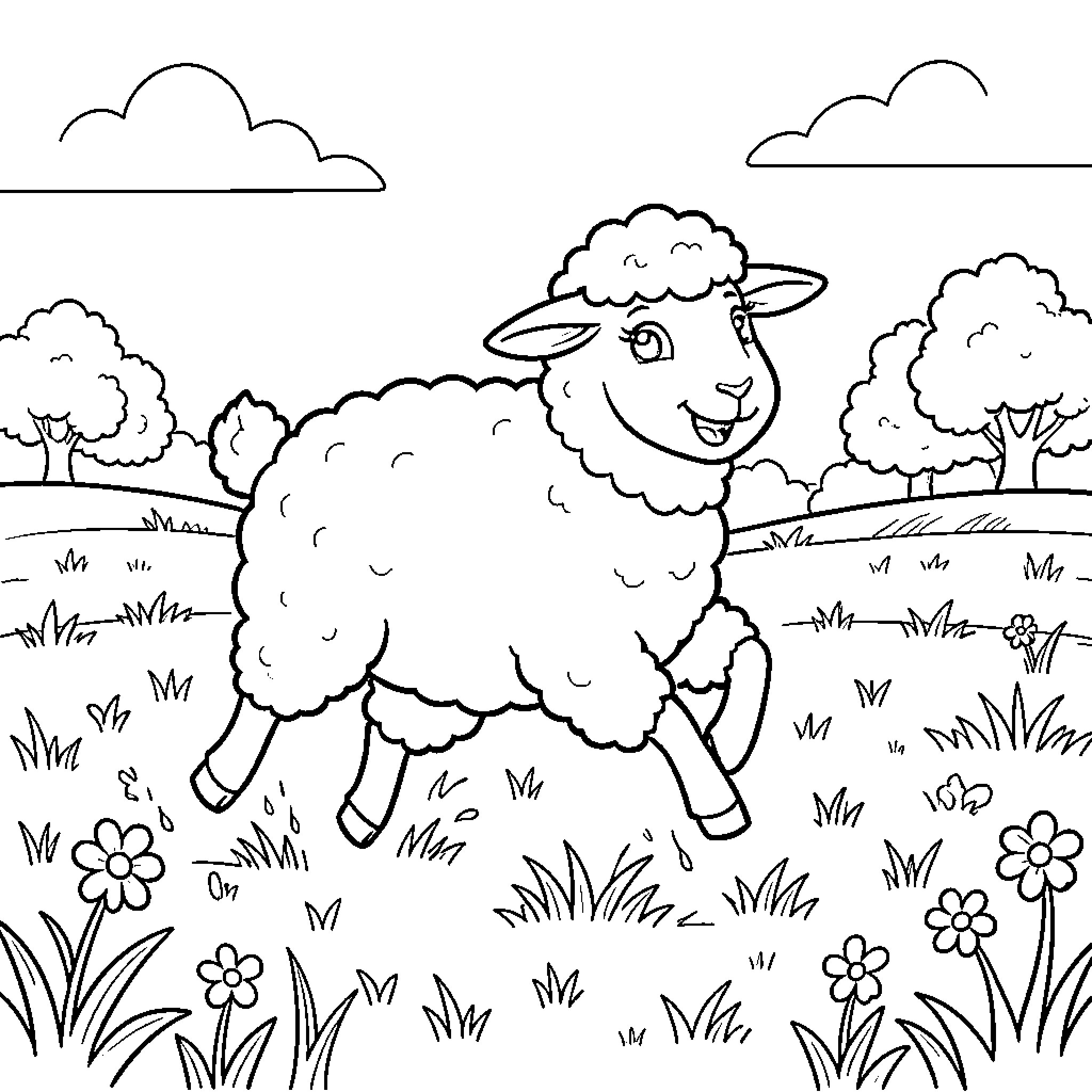 Sheep frolicking in a pastoral scene Coloring Page (free black-and-white line drawing printable PDF for all, from beginners to advanced learners, including children, teens, adults, and seniors)