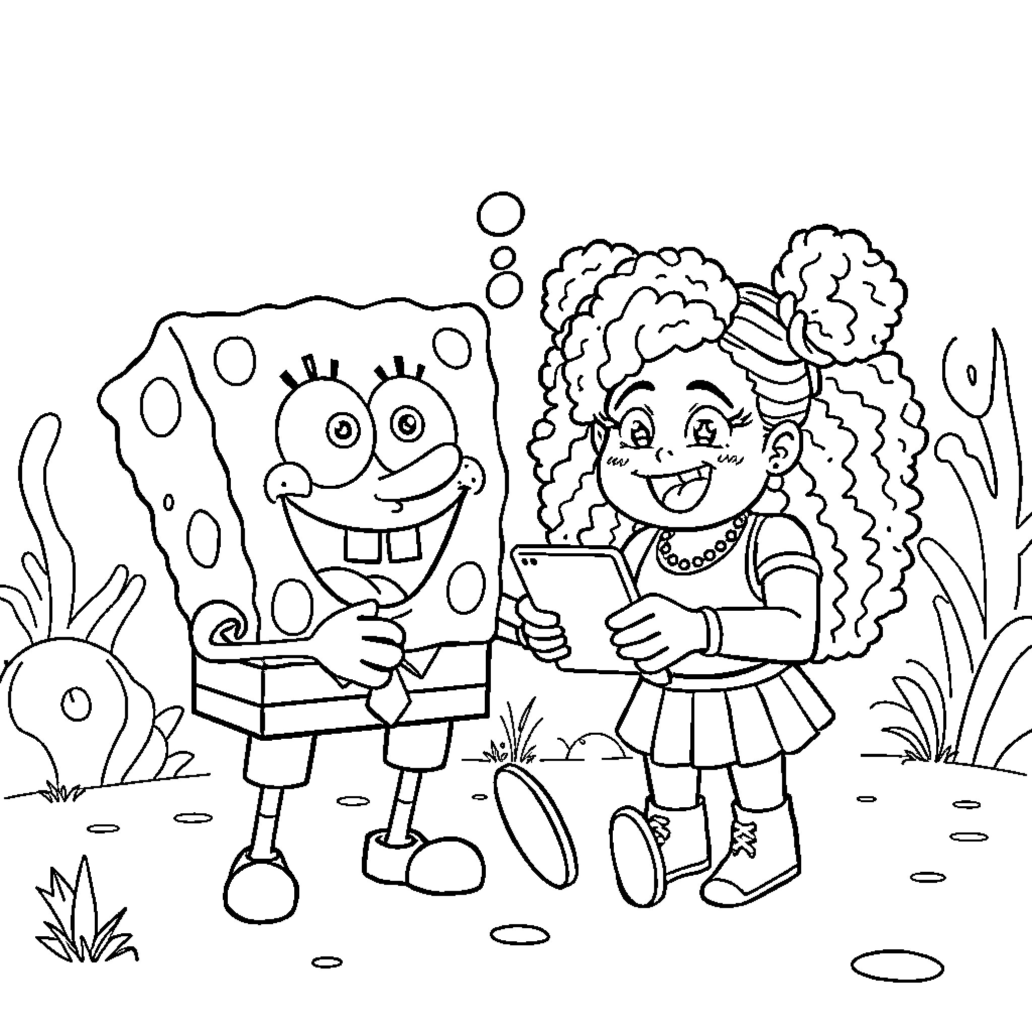 Spongebob and his friend in an underwater adventure Coloring Page (free black-and-white line drawing printable PDF for all, from beginners to advanced learners, including children, teens, adults, and seniors)