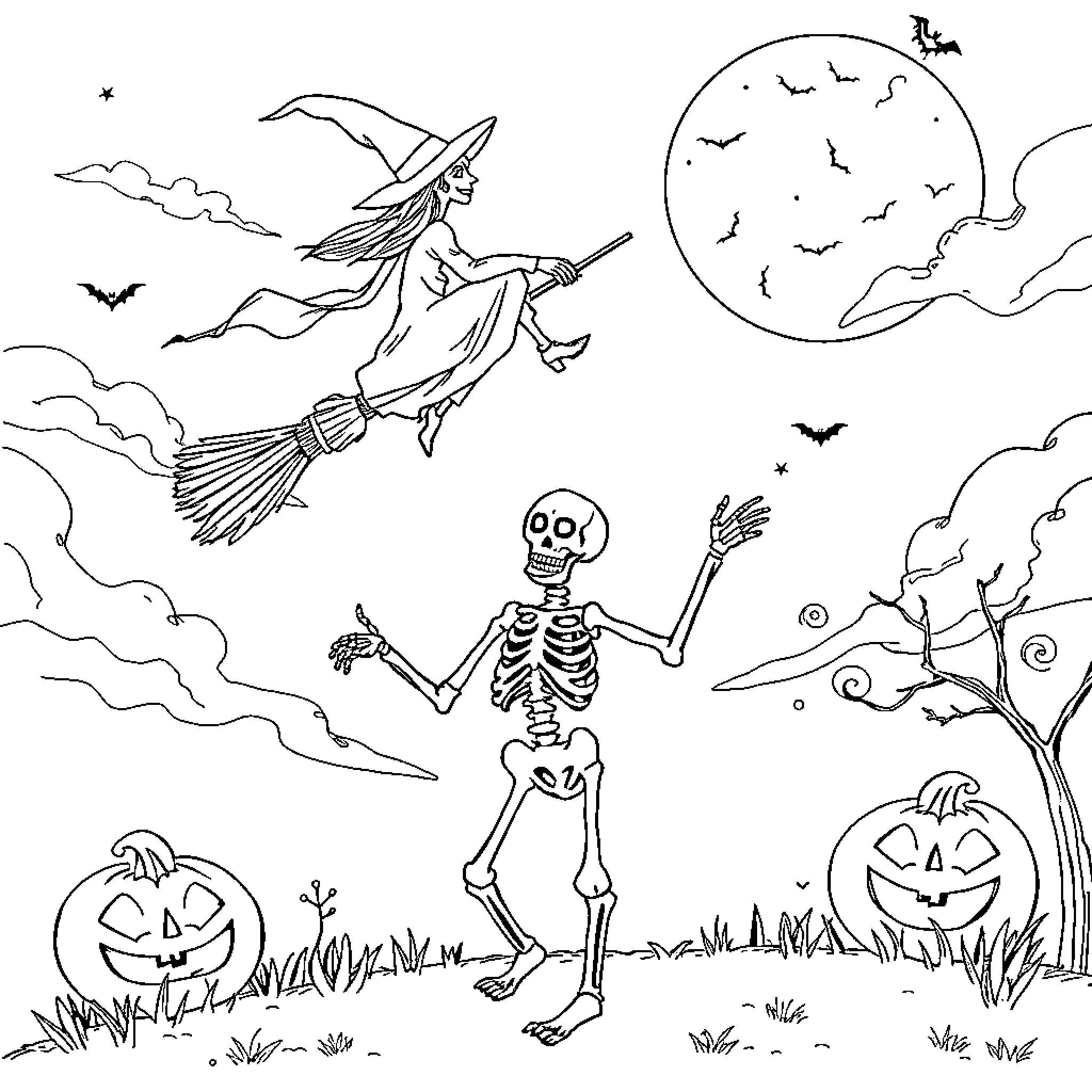 Witch flying on broomstick with skeleton and jack-o'-lanterns Coloring Page (free black-and-white line drawing printable PDF for all, from beginners to advanced learners, including children, teens, adults, and seniors)