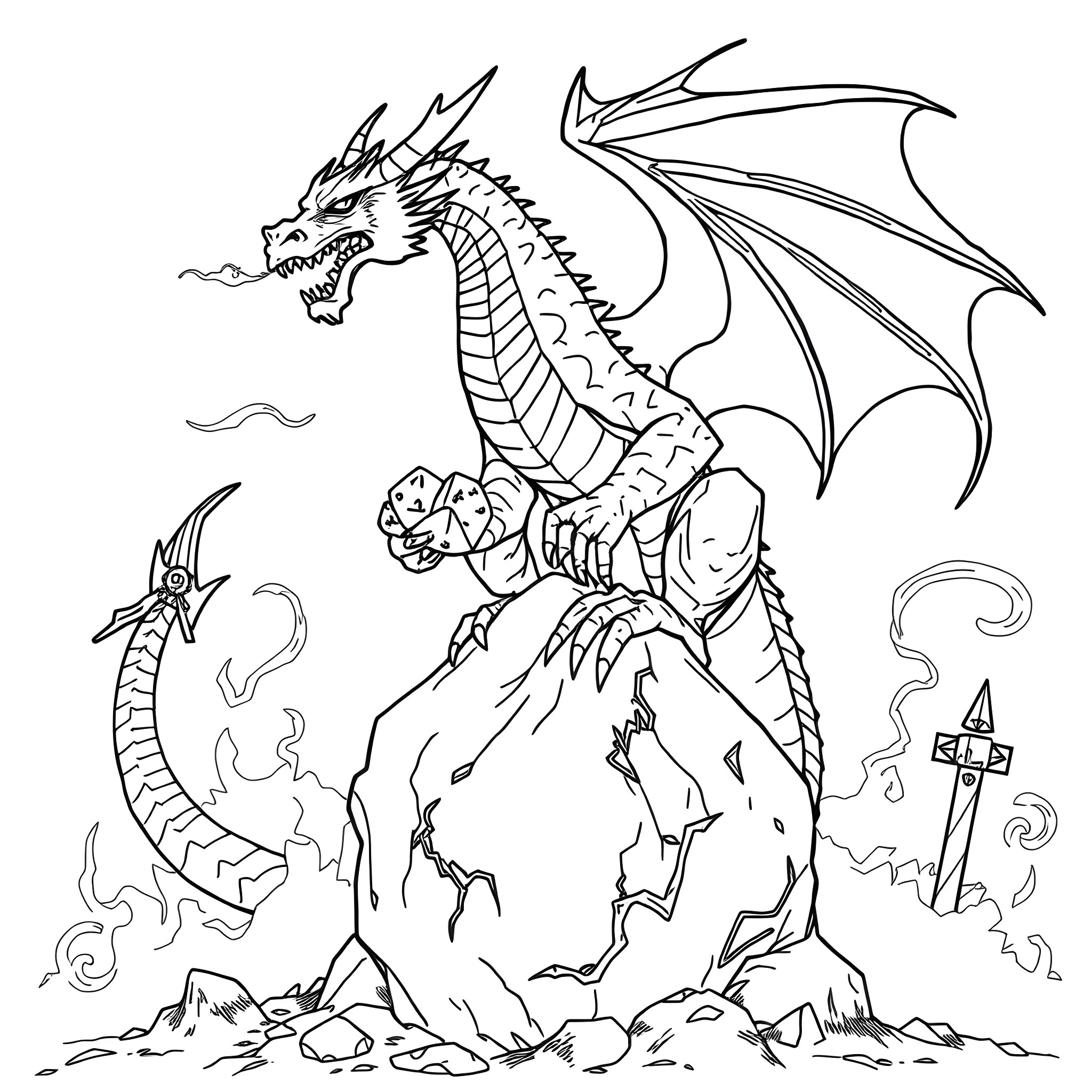 Dragon Guarding Treasure Hoard with Fierce Claws Coloring Page (free black-and-white line drawing printable PDF for all, from beginners to advanced learners, including children, teens, adults, and seniors)