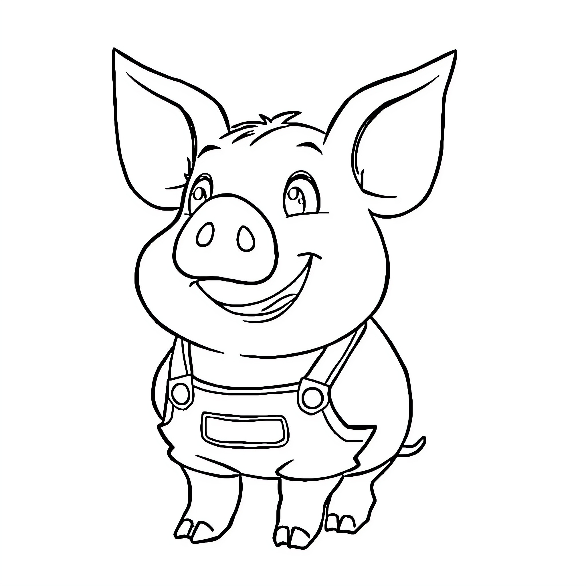 Pig wearing overalls and smiling happily Coloring Page (free black-and-white line drawing printable PDF for all, from beginners to advanced learners, including children, teens, adults, and seniors)