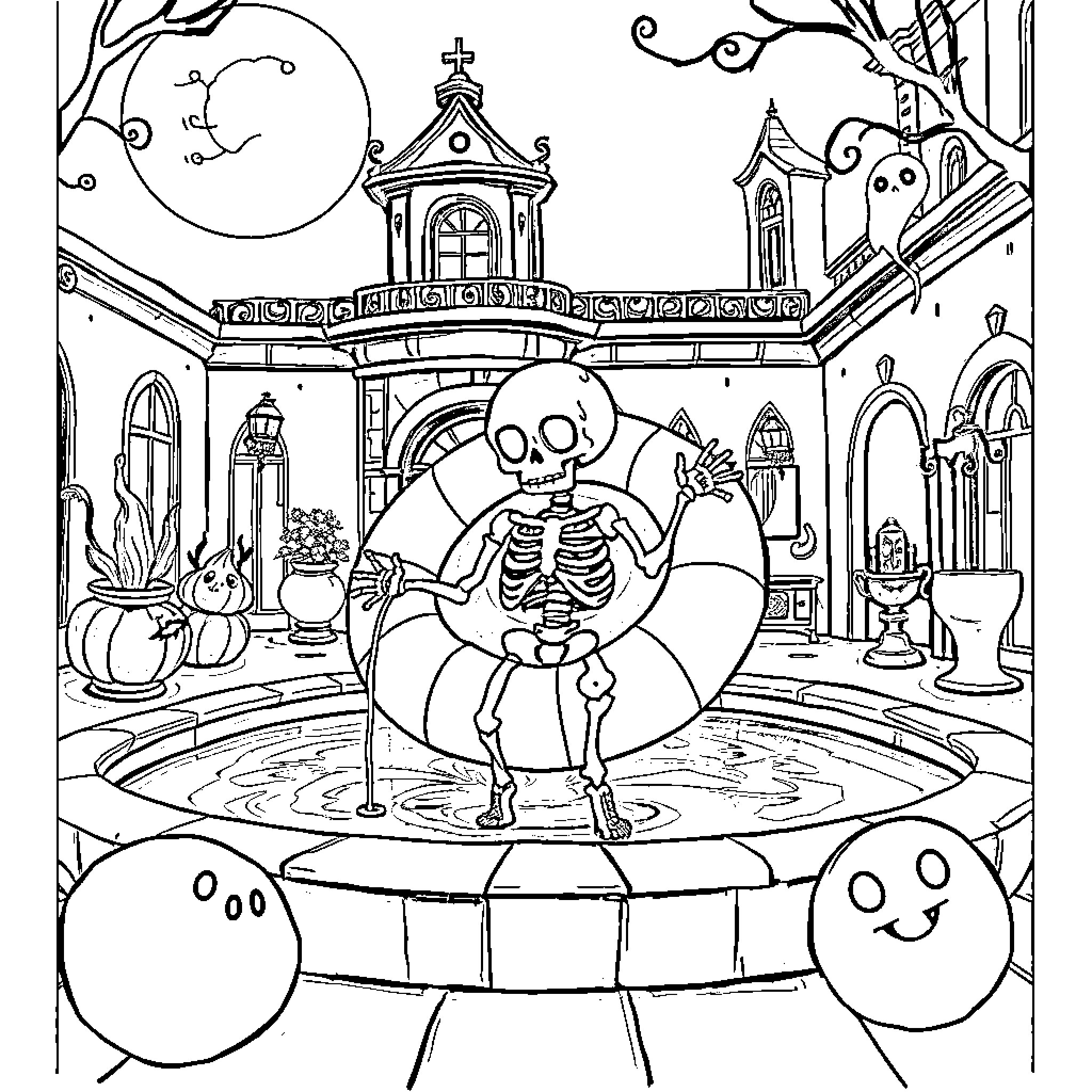 Skeleton dancing in a haunted town square Coloring Page (free black-and-white line drawing printable PDF for all, from beginners to advanced learners, including children, teens, adults, and seniors)