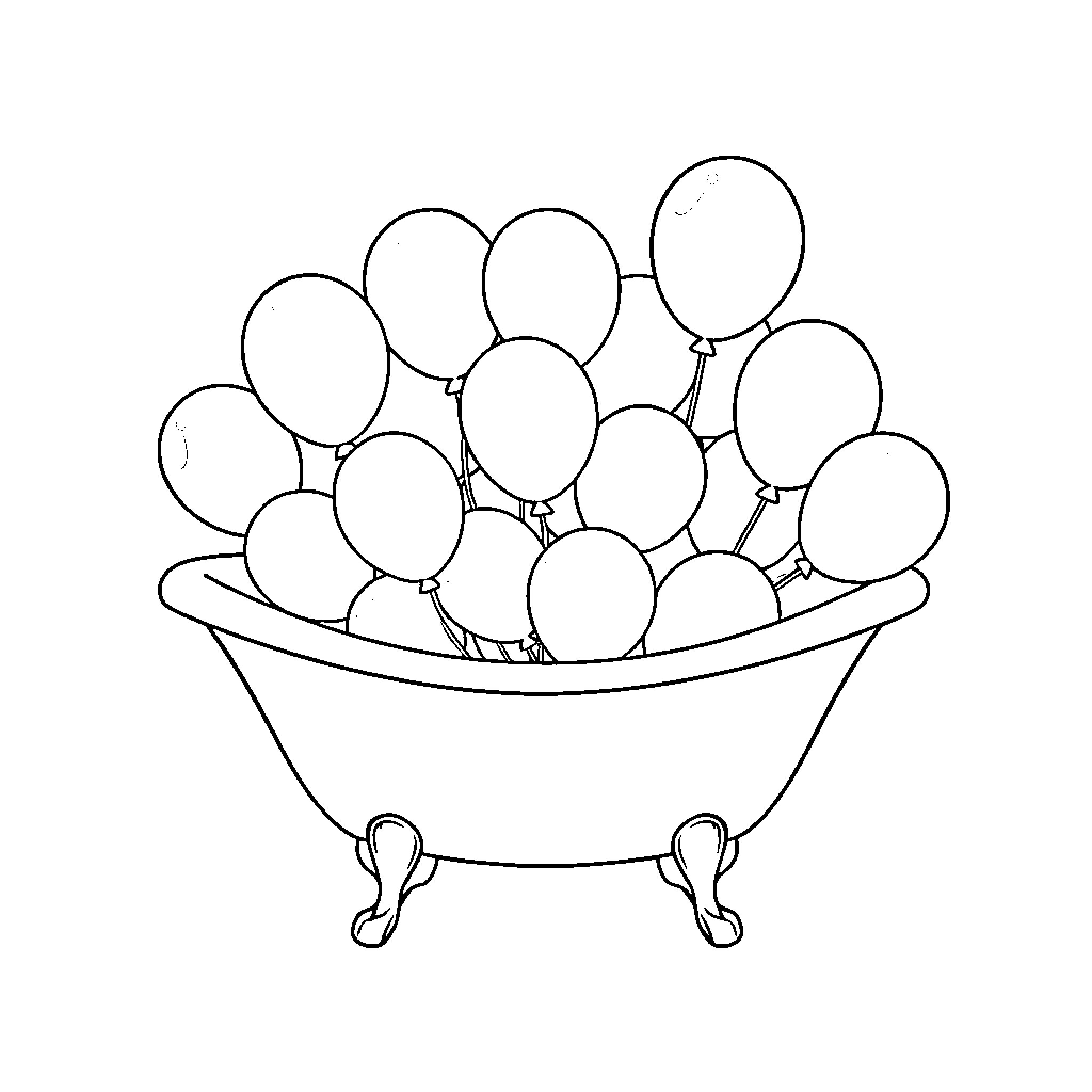 Bathtub filled with playful balloons Coloring Page (free black-and-white line drawing printable PDF for all, from beginners to advanced learners, including children, teens, adults, and seniors)