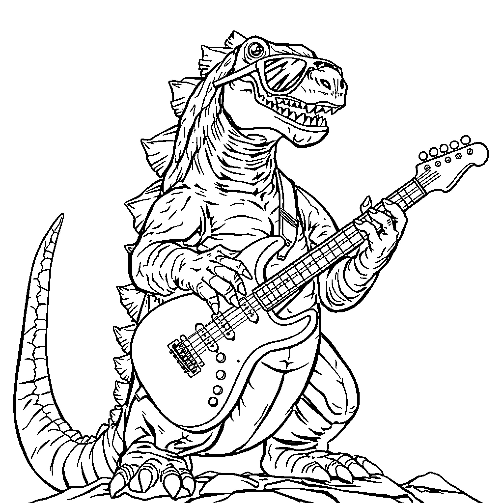 Godzilla playing electric guitar in action pose Coloring Page (free black-and-white line drawing printable PDF for all, from beginners to advanced learners, including children, teens, adults, and seniors)