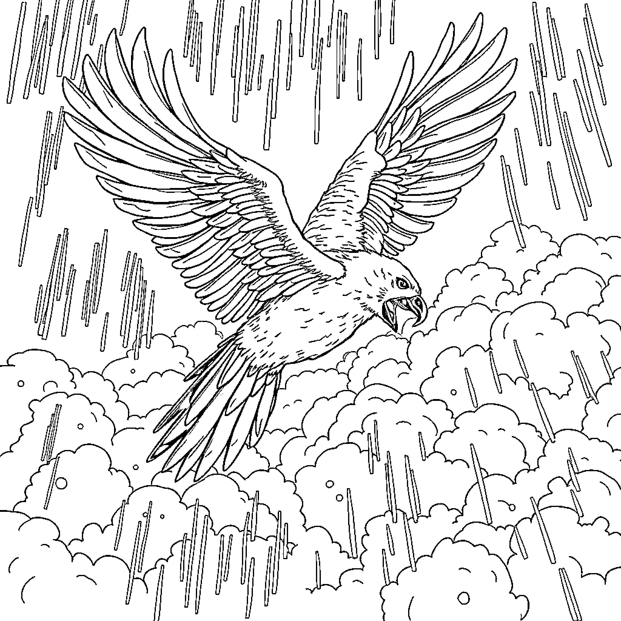 Perro soaring through the cloudy sky Coloring Page (free black-and-white line drawing printable PDF for all, from beginners to advanced learners, including children, teens, adults, and seniors)