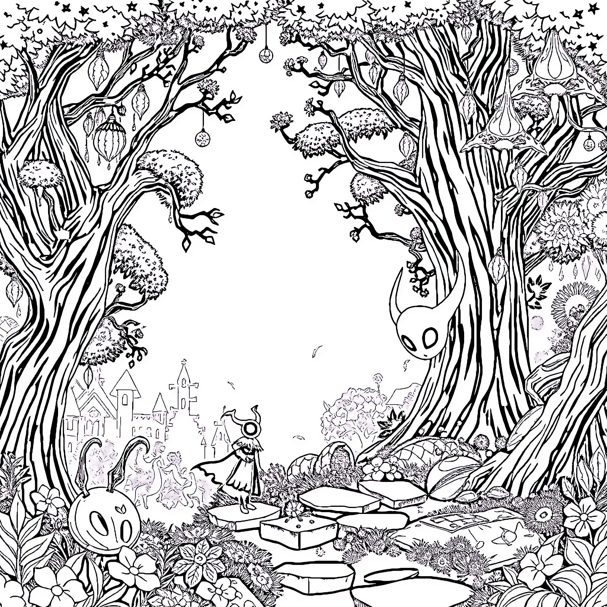 Hollow Knight: Mysterious Forest Exploration Coloring Page (free black-and-white line drawing printable PDF for all, from beginners to advanced learners, including children, teens, adults, and seniors)