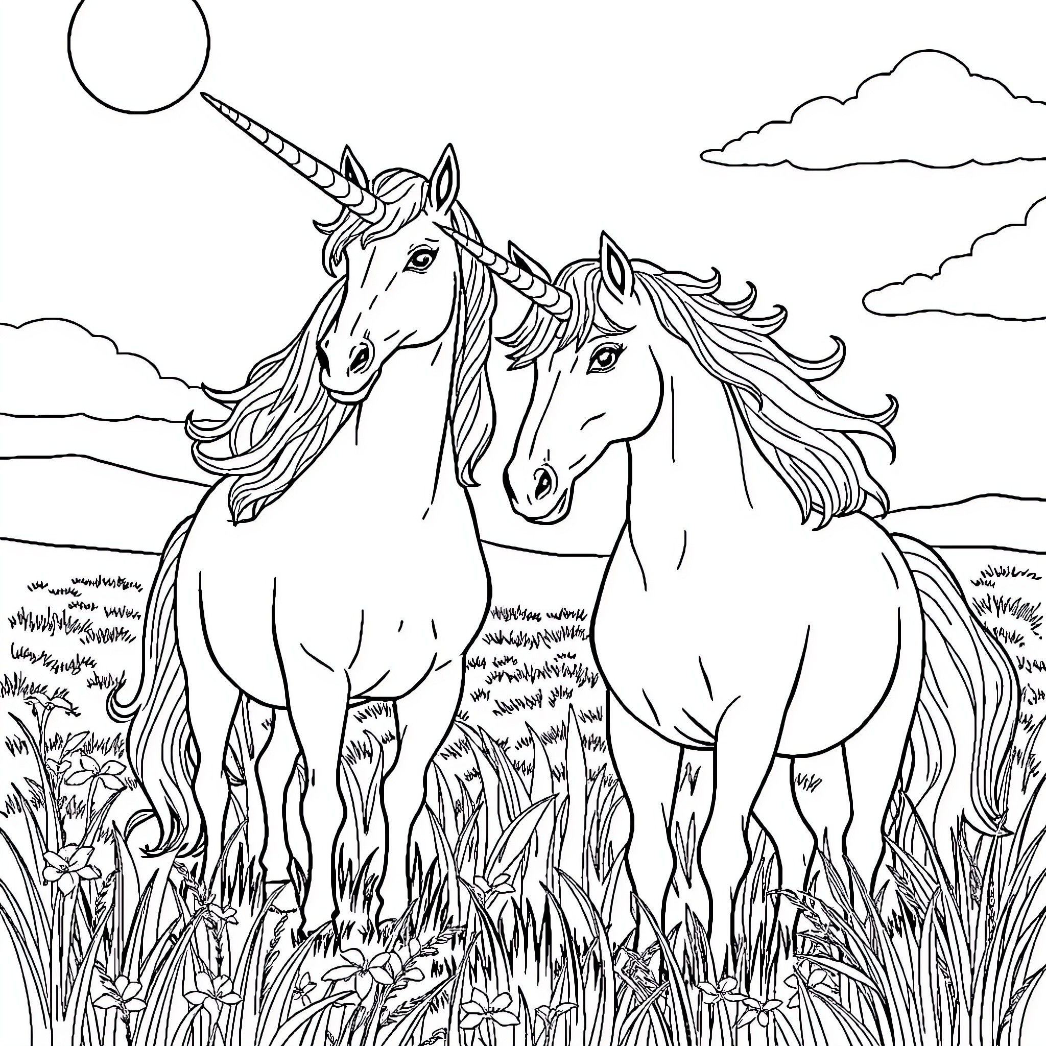 Unicorn companions in a serene meadow Coloring Page (free black-and-white line drawing printable PDF for all, from beginners to advanced learners, including children, teens, adults, and seniors)