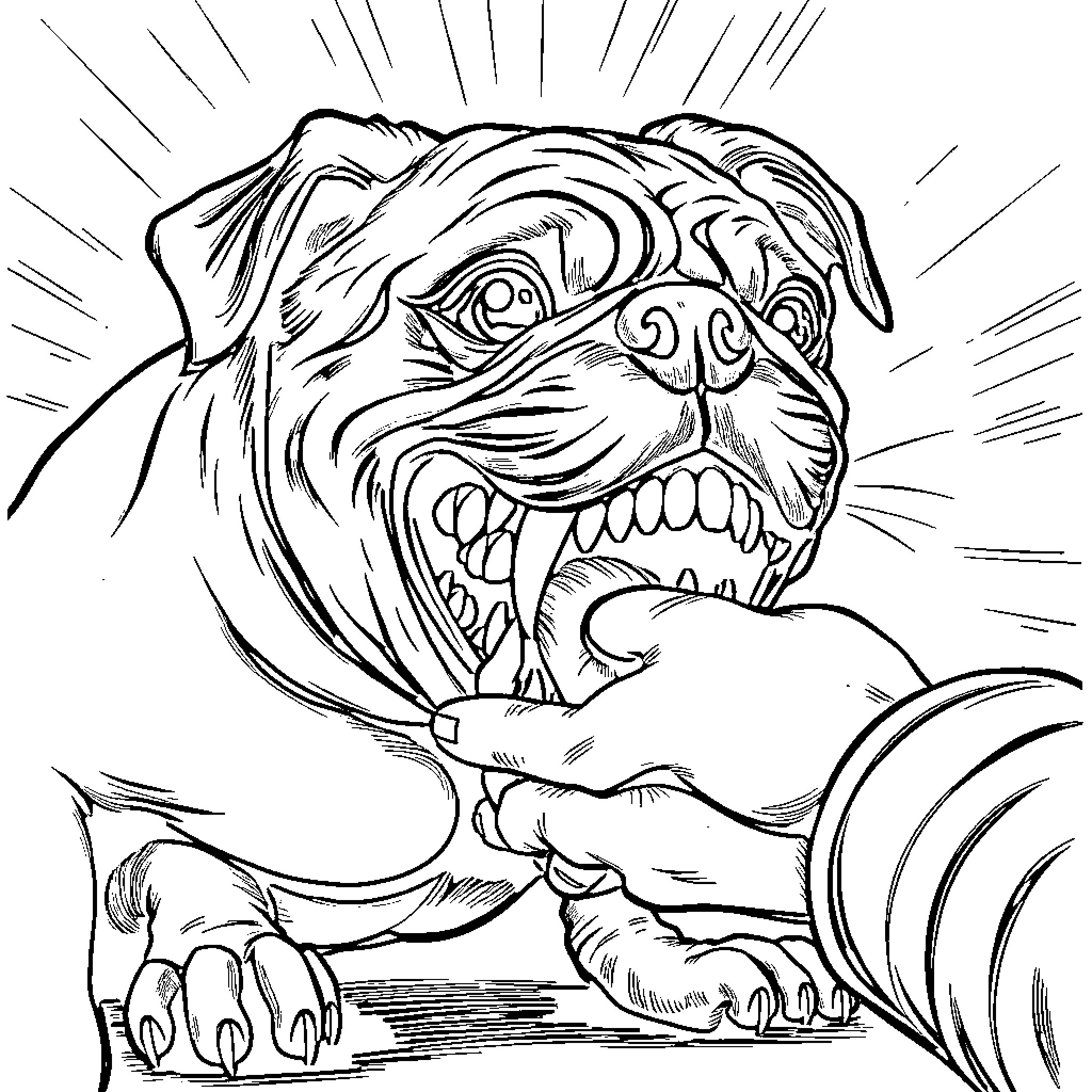 Pug with fierce expression in action Coloring Page (free black-and-white line drawing printable PDF for all, from beginners to advanced learners, including children, teens, adults, and seniors)