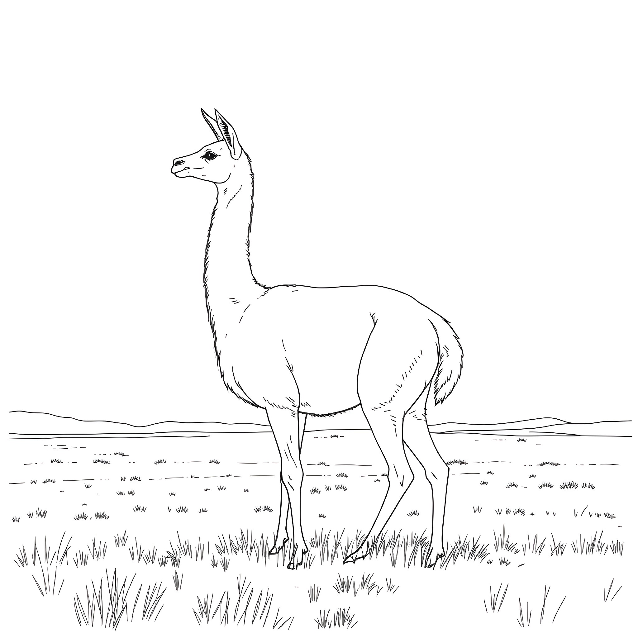Vicuna standing gracefully in the field Coloring Page (free black-and-white line drawing printable PDF for all, from beginners to advanced learners, including children, teens, adults, and seniors)