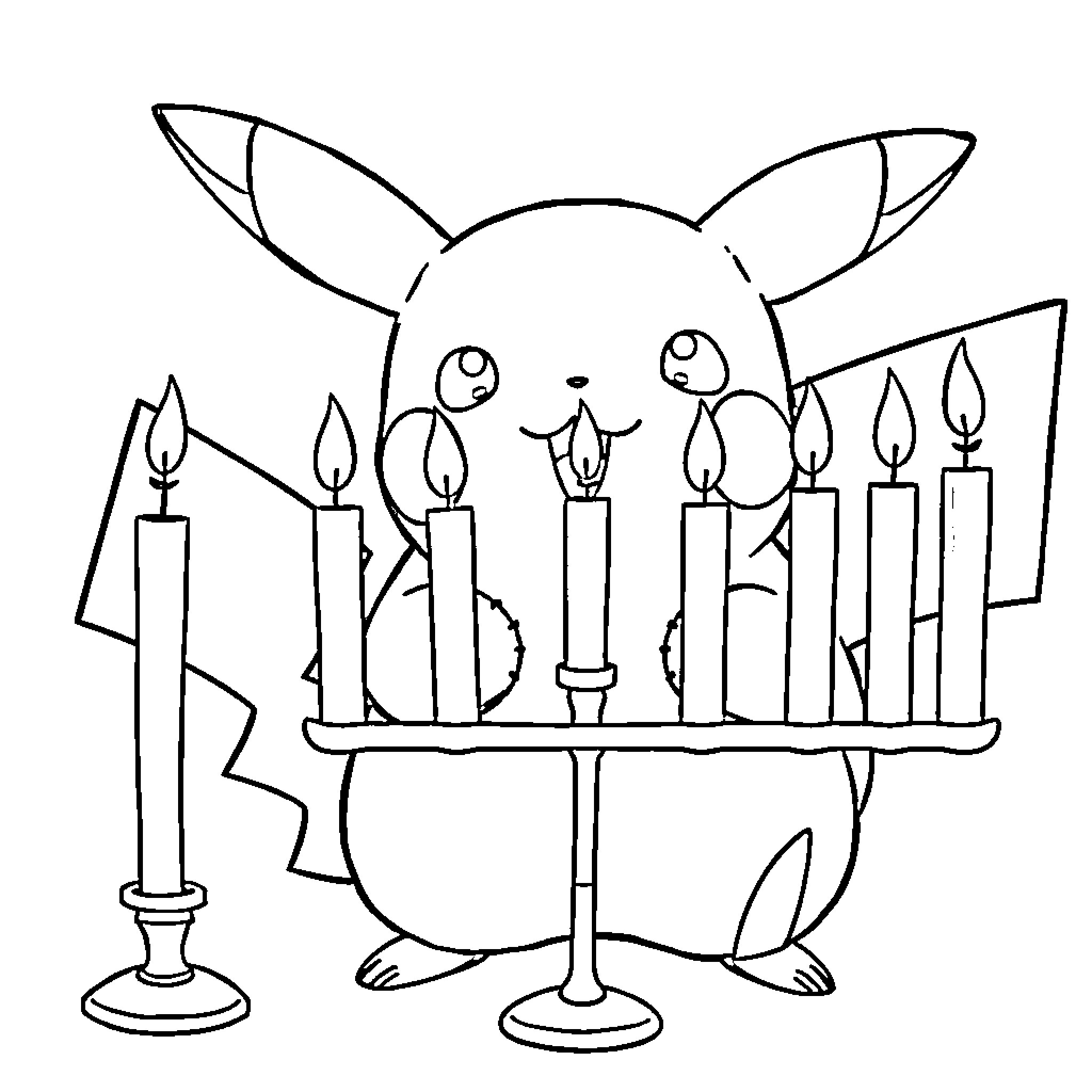 Pikachu celebrating with candles on a menorah Coloring Page (free black-and-white line drawing printable PDF for all, from beginners to advanced learners, including children, teens, adults, and seniors)