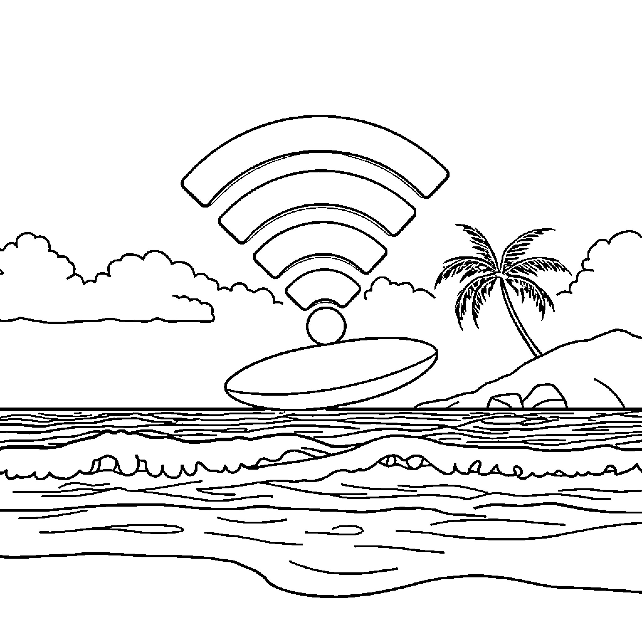 WiFi symbol over tropical beach scene Coloring Page (free black-and-white line drawing printable PDF for all, from beginners to advanced learners, including children, teens, adults, and seniors)