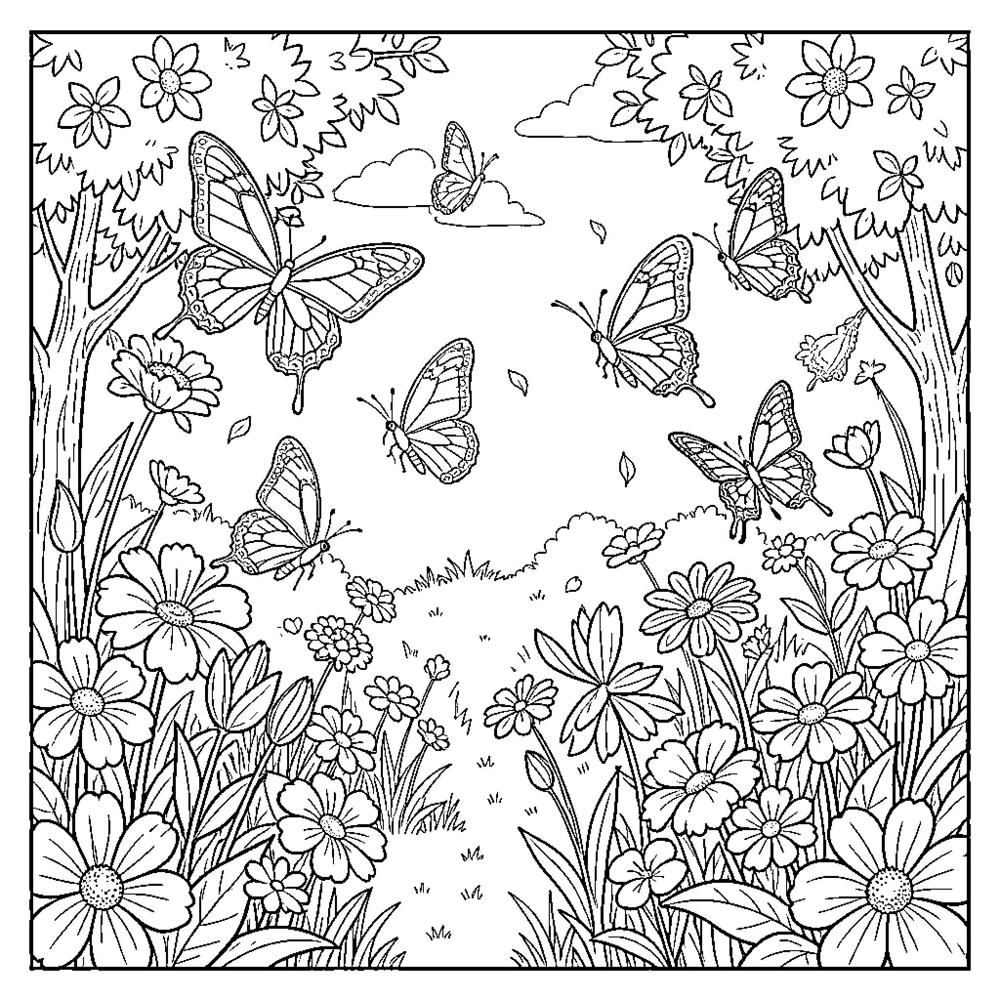 Butterfly flying among blooming flowers in a meadow Coloring Page (free black-and-white line drawing printable PDF for all, from beginners to advanced learners, including children, teens, adults, and seniors)