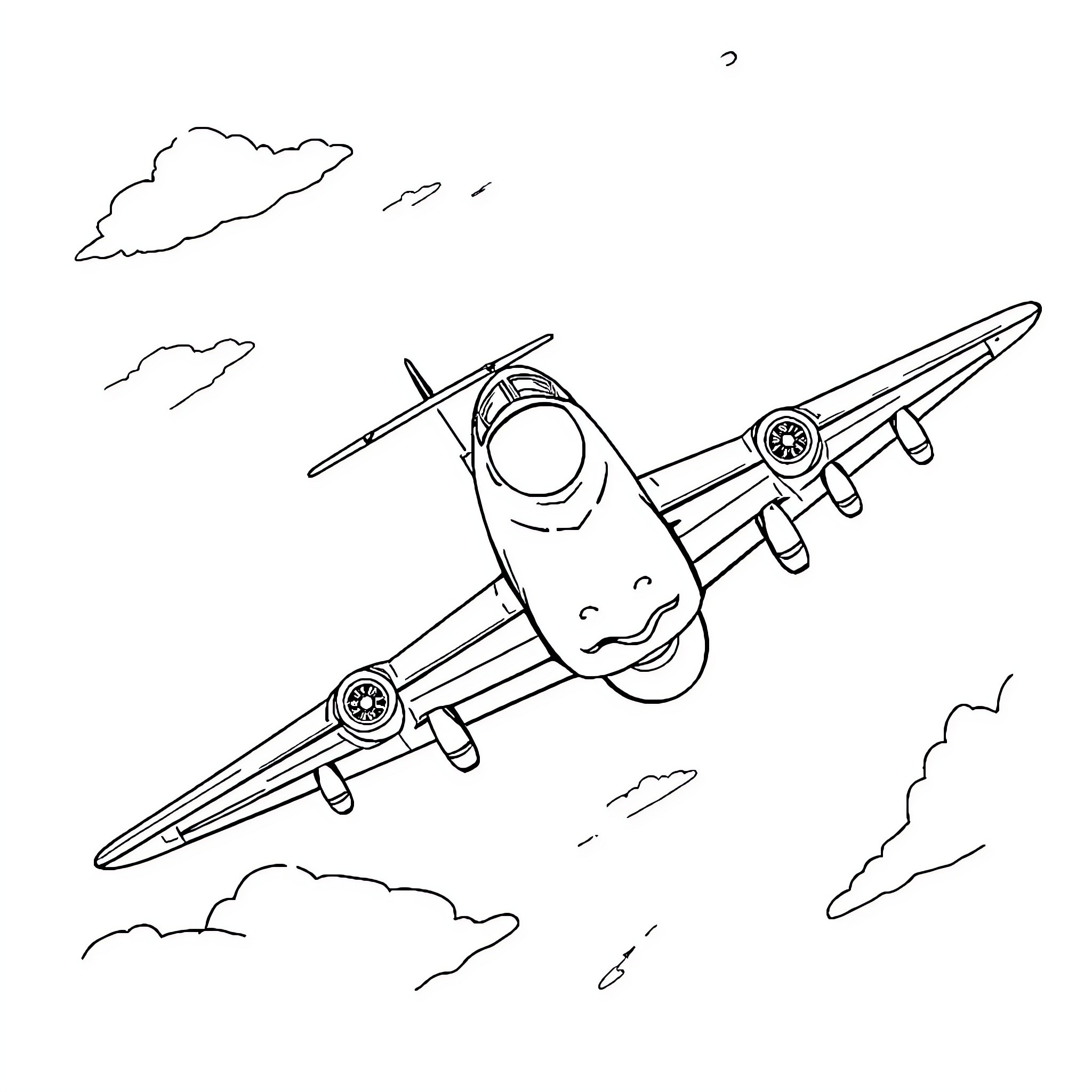 Airplane flying through clouds in the sky Coloring Page (free black-and-white line drawing printable PDF for all, from beginners to advanced learners, including children, teens, adults, and seniors)