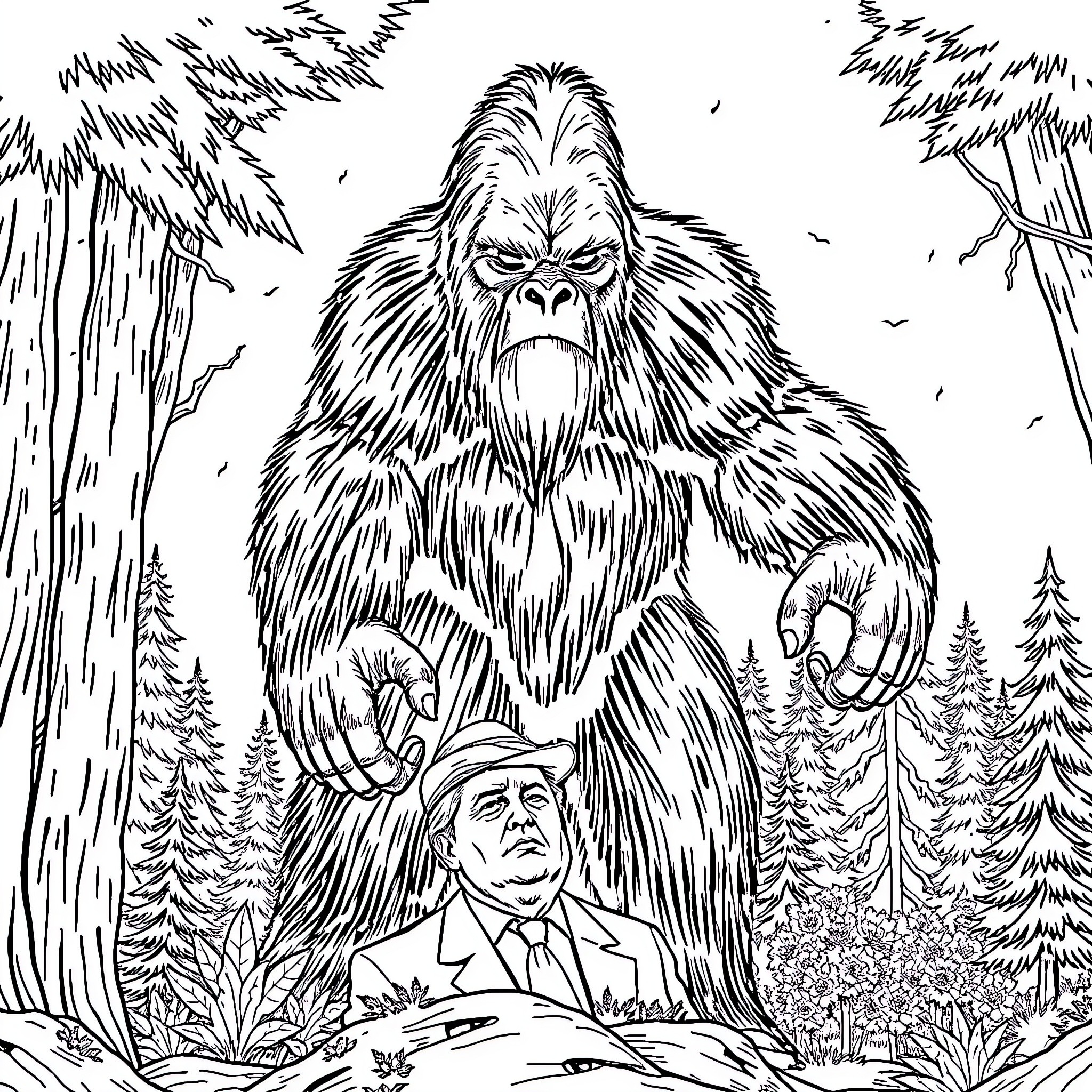 Bigfoot looming over a surprised man in the forest Coloring Page (free black-and-white line drawing printable PDF for all, from beginners to advanced learners, including children, teens, adults, and seniors)