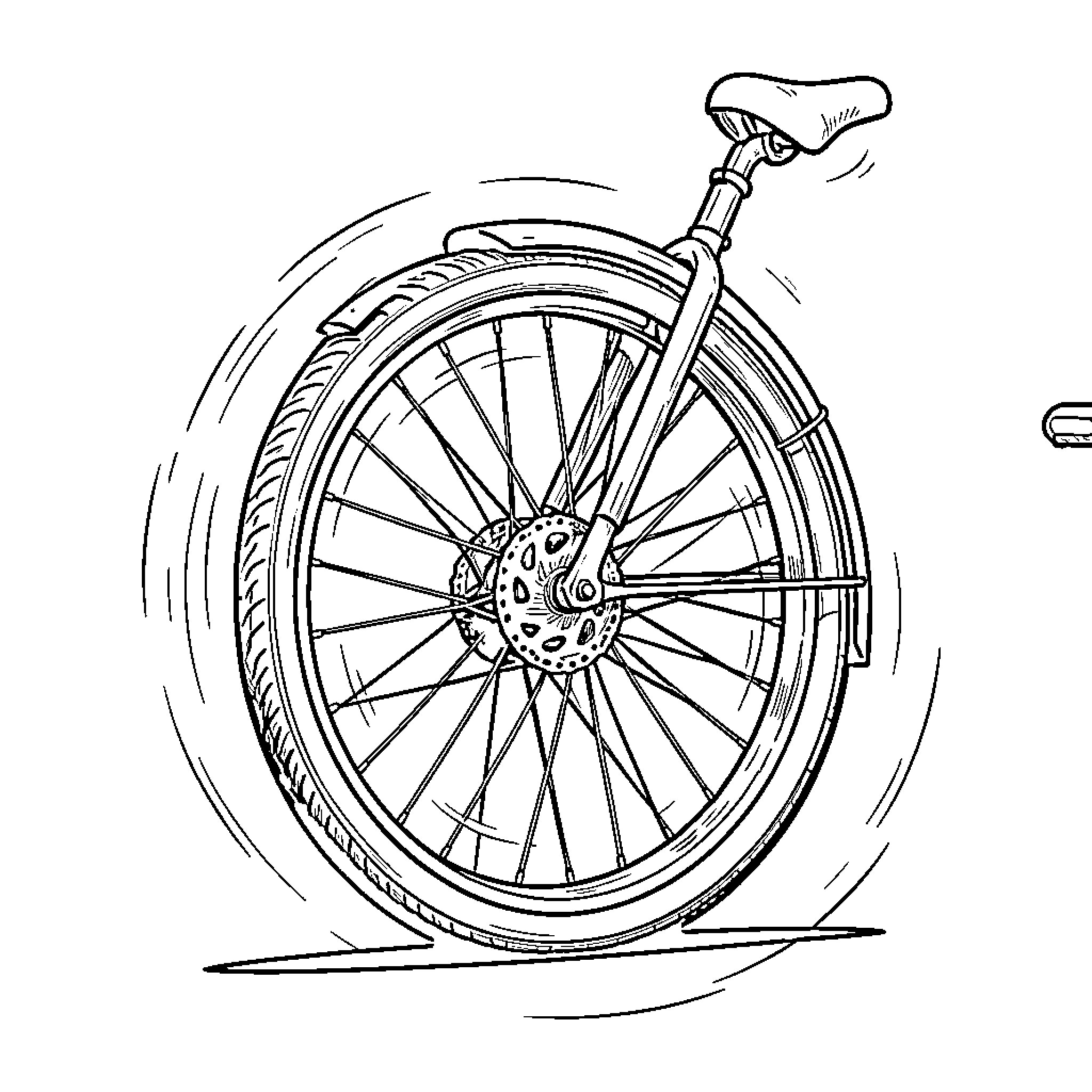 Wheel of a Spinning Bicycle Coloring Page (free black-and-white line drawing printable PDF for all, from beginners to advanced learners, including children, teens, adults, and seniors)