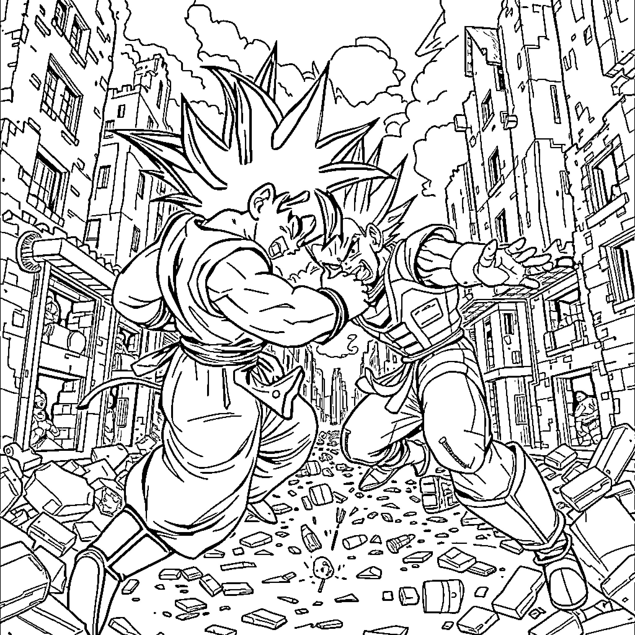 Goku's Powerful Clash in the Devastated City Coloring Page (free black-and-white line drawing printable PDF for all, from beginners to advanced learners, including children, teens, adults, and seniors)