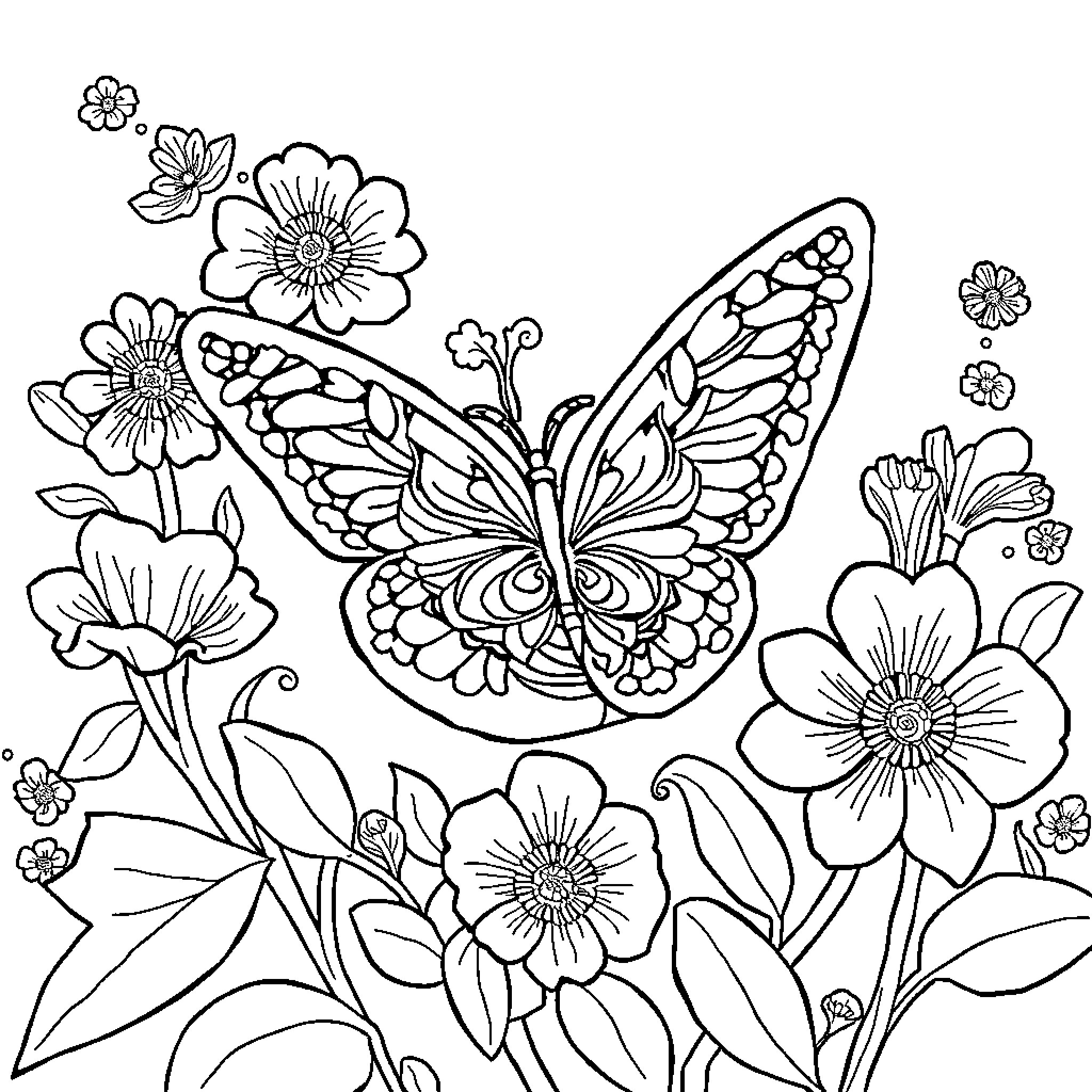 Gymnast surrounded by vibrant flowers and butterflies Coloring Page (free black-and-white line drawing printable PDF for all, from beginners to advanced learners, including children, teens, adults, and seniors)